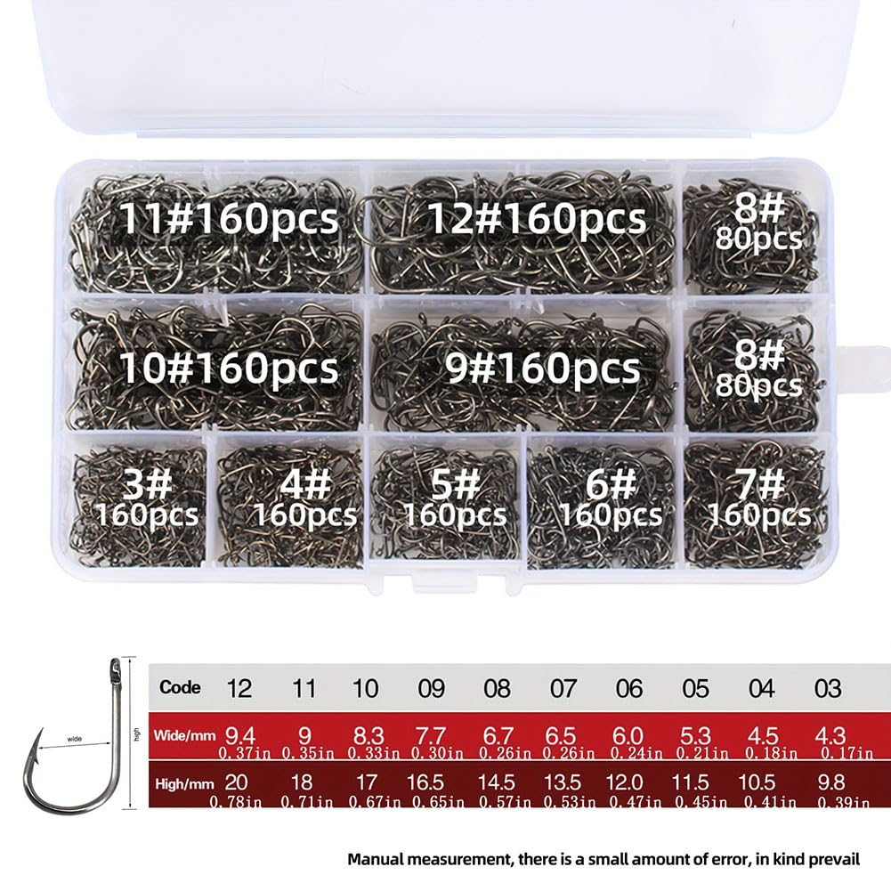 1600PCS Barbed Fishing Hooks with Holes - 10 Size Bait Holder Worm Hooks | Carbon Steel Bass Fishing Hooks for Saltwater & Freshwater | Perfect for Bass, Trout, and Catfish Fishing