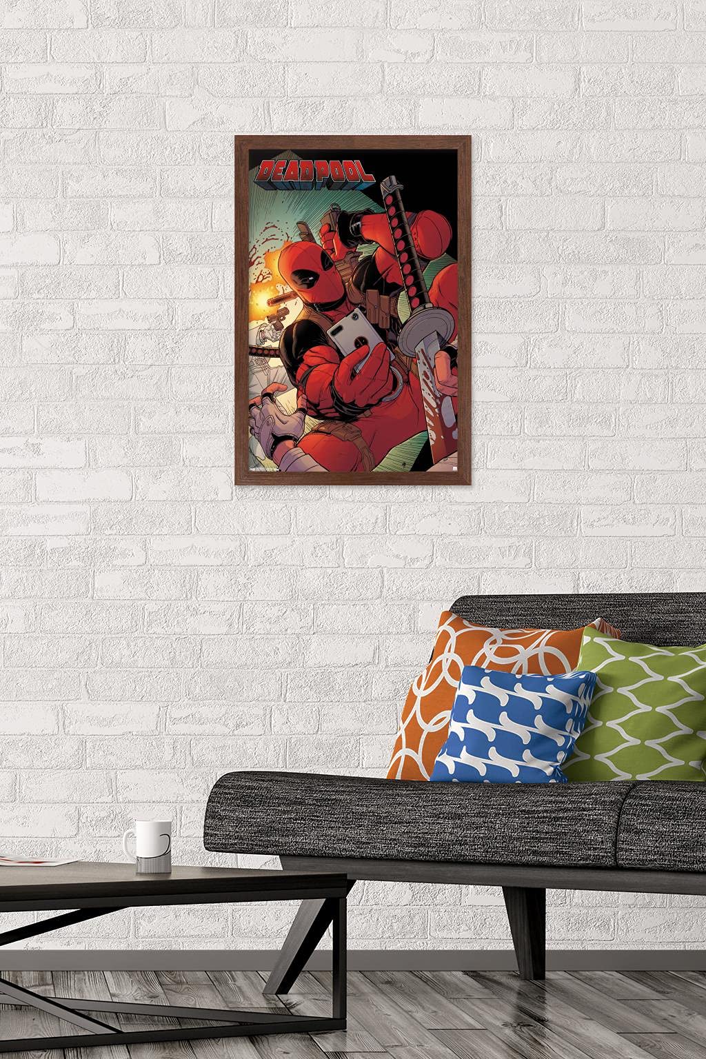 Trends International Marvel Comics Deadpool Selfie Wall Poster - 14.725 x 22.375 Inches, Mahogany Framed Art Print - Perfect for Home Decor, Office, Bedroom & Comic Fan Gifts