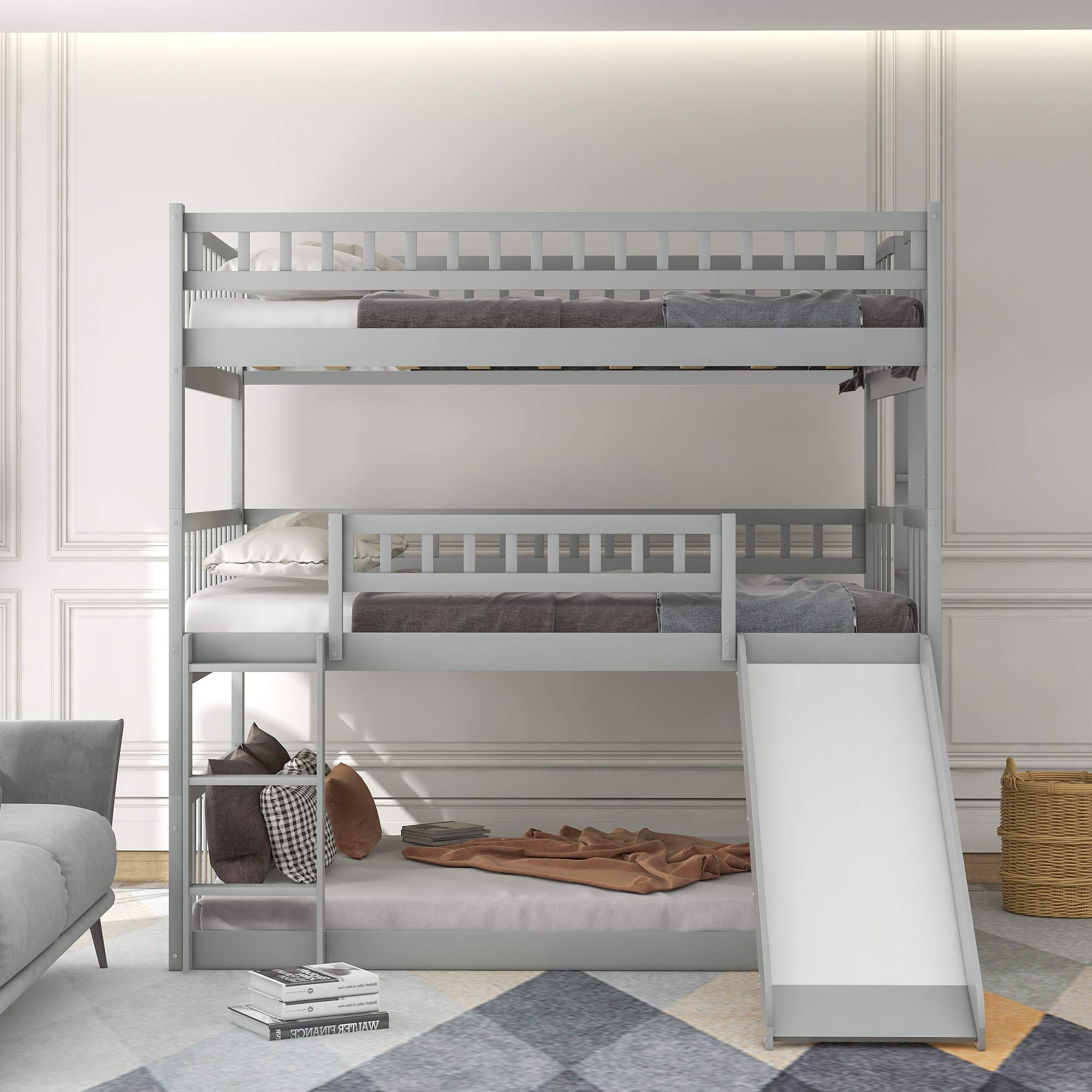 Full Over Full Over Full Triple Bunk Bed with Slide - Wooden Full Size Bunk Bed Frame with Safety Guard Rail & Ladder - Space-Saving Gray Bunk Bed for Kids, Teens & Guest Rooms