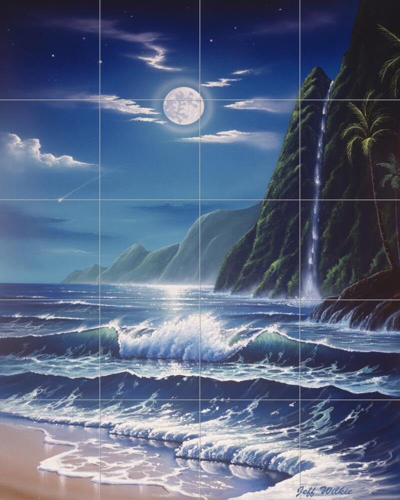 Ceramic Backsplash Tile Mural - Beach Scene with Seaside Ocean Waves - Moonlit Falls by Jeff Wilkie - Waterproof Kitchen & Bathroom Wall Decor for Coastal, Nautical, or Beach House Design