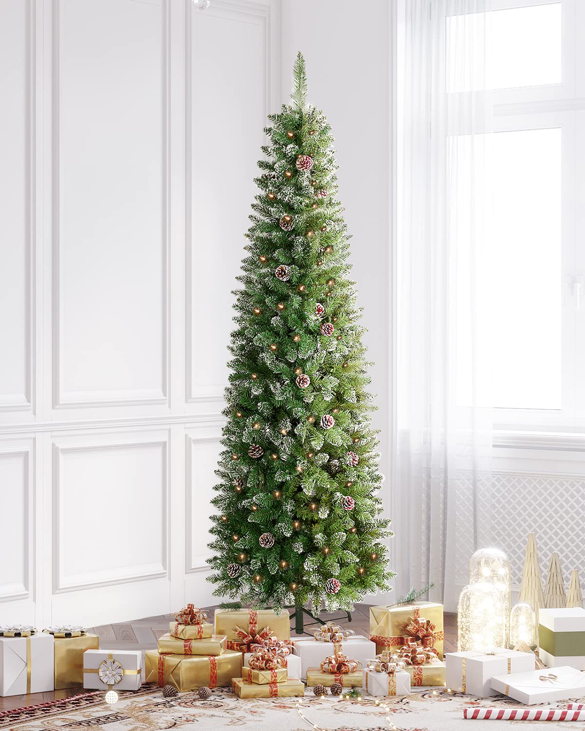 OasisCraft 6ft Pre-Lit Flocked Artificial Christmas Tree with Pine Cones - 250 LED Lights, Hinged Snowy Xmas Tree for Indoor & Outdoor Holiday Decor | Perfect for Living Room, Office & Winter Wedding Centerpiece