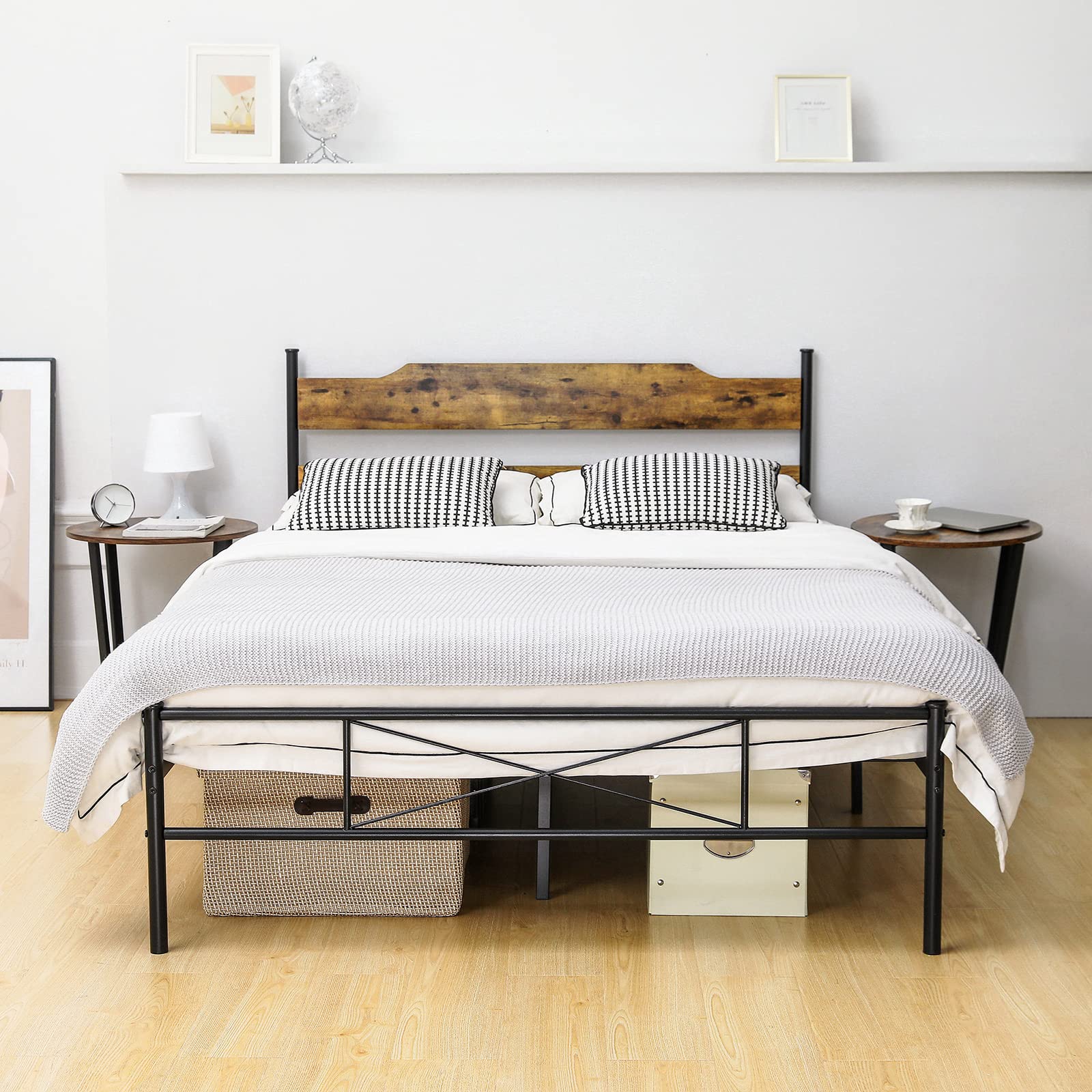 LUSIMO Queen Size Bed Frame with Wood Headboard & Footboard - 14 Inch Metal Platform Bed Frame, Industrial Modern Design, No Box Spring Needed, Heavy Duty Mattress Foundation - Easy Assembly, Brown - Perfect for Bedroom, Guest Room & Apartment