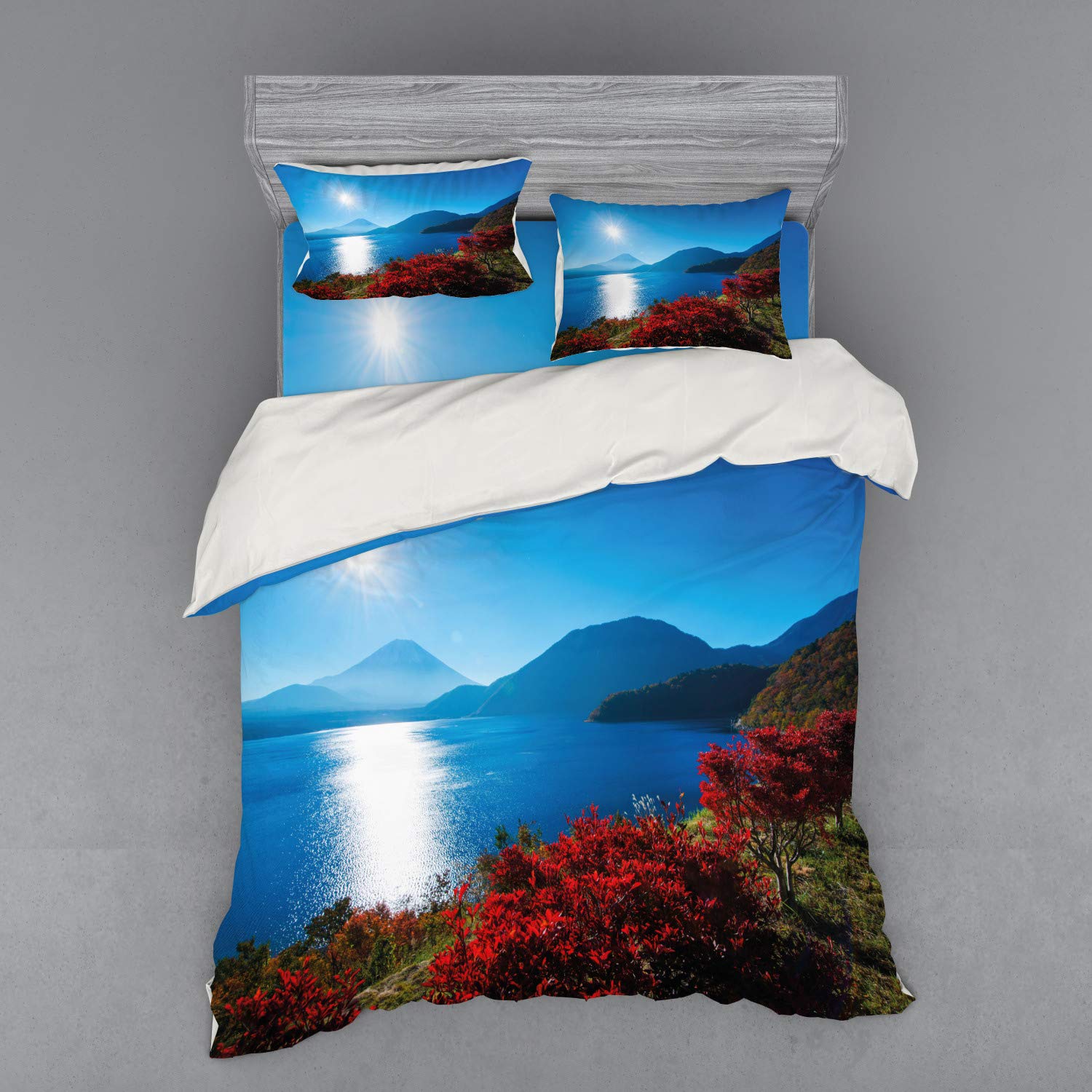 Ambesonne Japan Autumn Landscape Duvet Cover Set - Queen Size 4-Piece Bedding with Trees, Mountains & Ocean Panorama in Blue & Red | Perfect for Fall Decor, Cozy Bedroom & Seasonal Home Styling