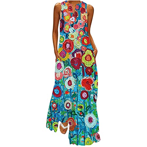 Women's Sleeveless Maxi Dresses - Casual Loose Long Summer Dress with Striped & Floral Print | Beach Cover Up, Vacation Outfit, Boho Chic Fashion