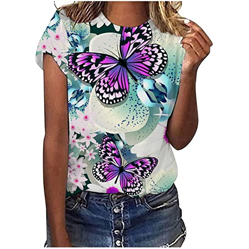 Women's Butterfly Print Short Sleeve Boho Tunic Top - Casual Round Neck Loose Fit Summer Blouse for Beach, Vacation & Boho Fashion Outfits