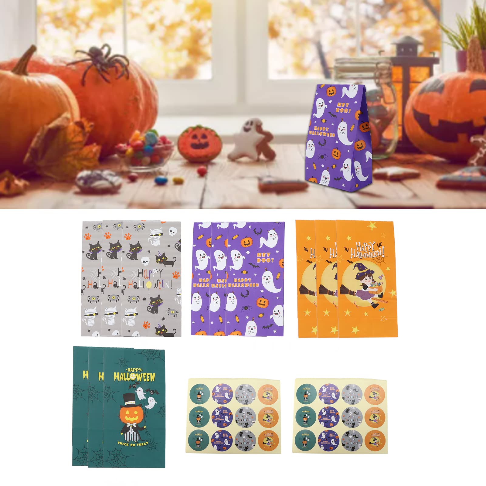 24Pcs Halloween Goody Bags - Pumpkin Themed Paper Gift Bags for Trick or Treat, Kids Party Favors & Candy Storage | Perfect for Halloween Parties, Classroom Treats & Neighborhood Trick-or-Treating