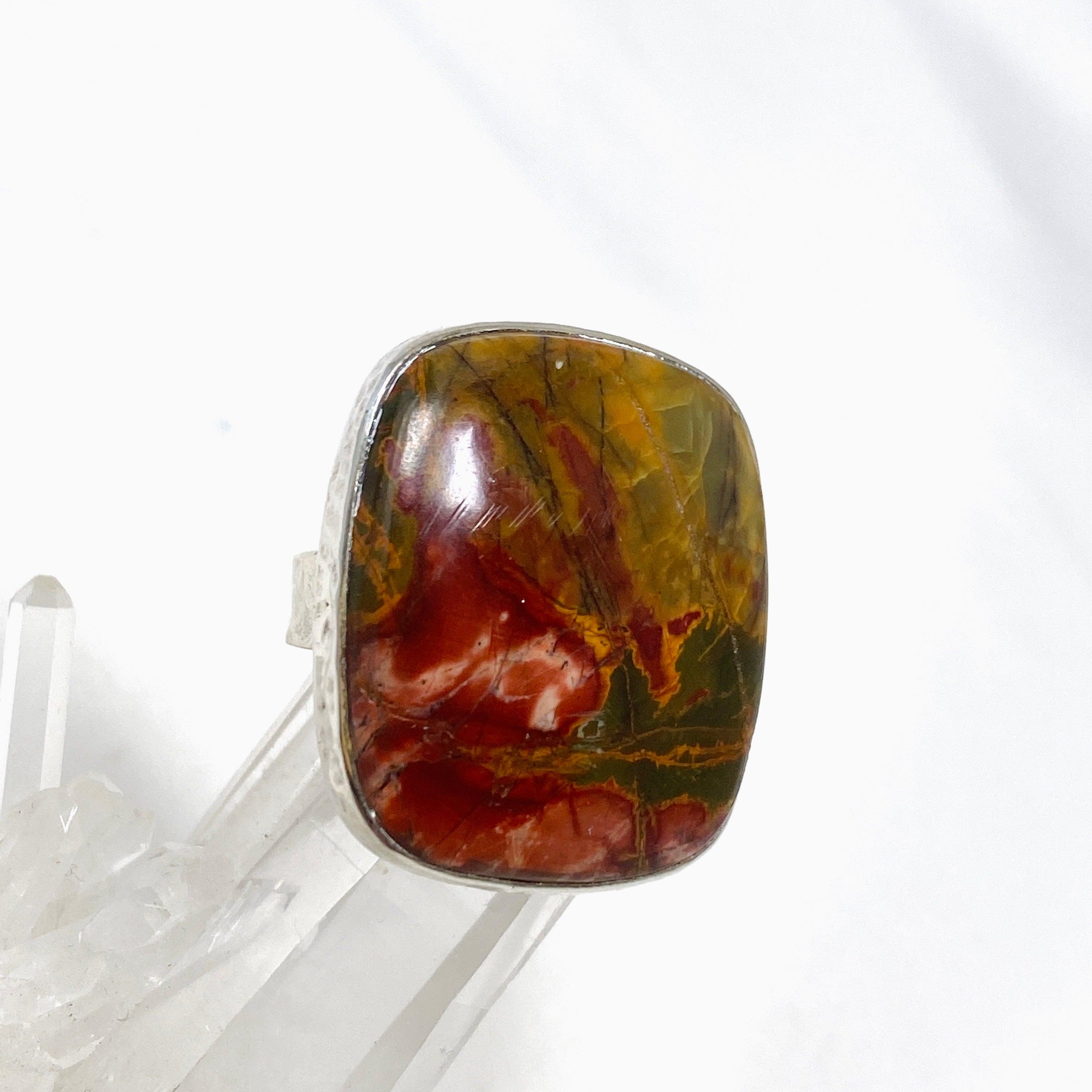 Cherry Creek Jasper Hammered Square Ring for Women - Size 8 KRGJ1607 - Boho Chic Jewelry for Everyday Wear & Special Occasions