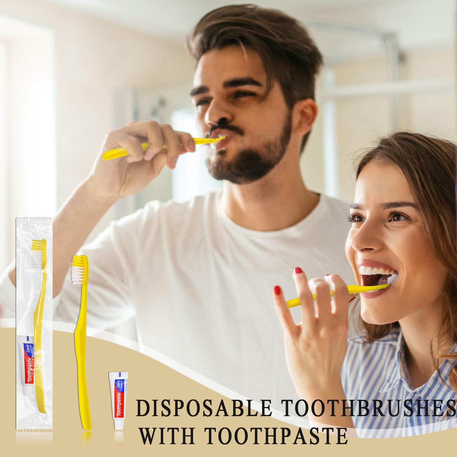 300 Pack Disposable Toothbrushes with Toothpaste - Individually Wrapped Yellow Hollow Travel Toothbrushes Kit for Travel, Hotels, Nursing Homes & Charity Donations | Bulk Oral Hygiene Essentials for On-the-Go, Emergency Kits & Homeless Shelters