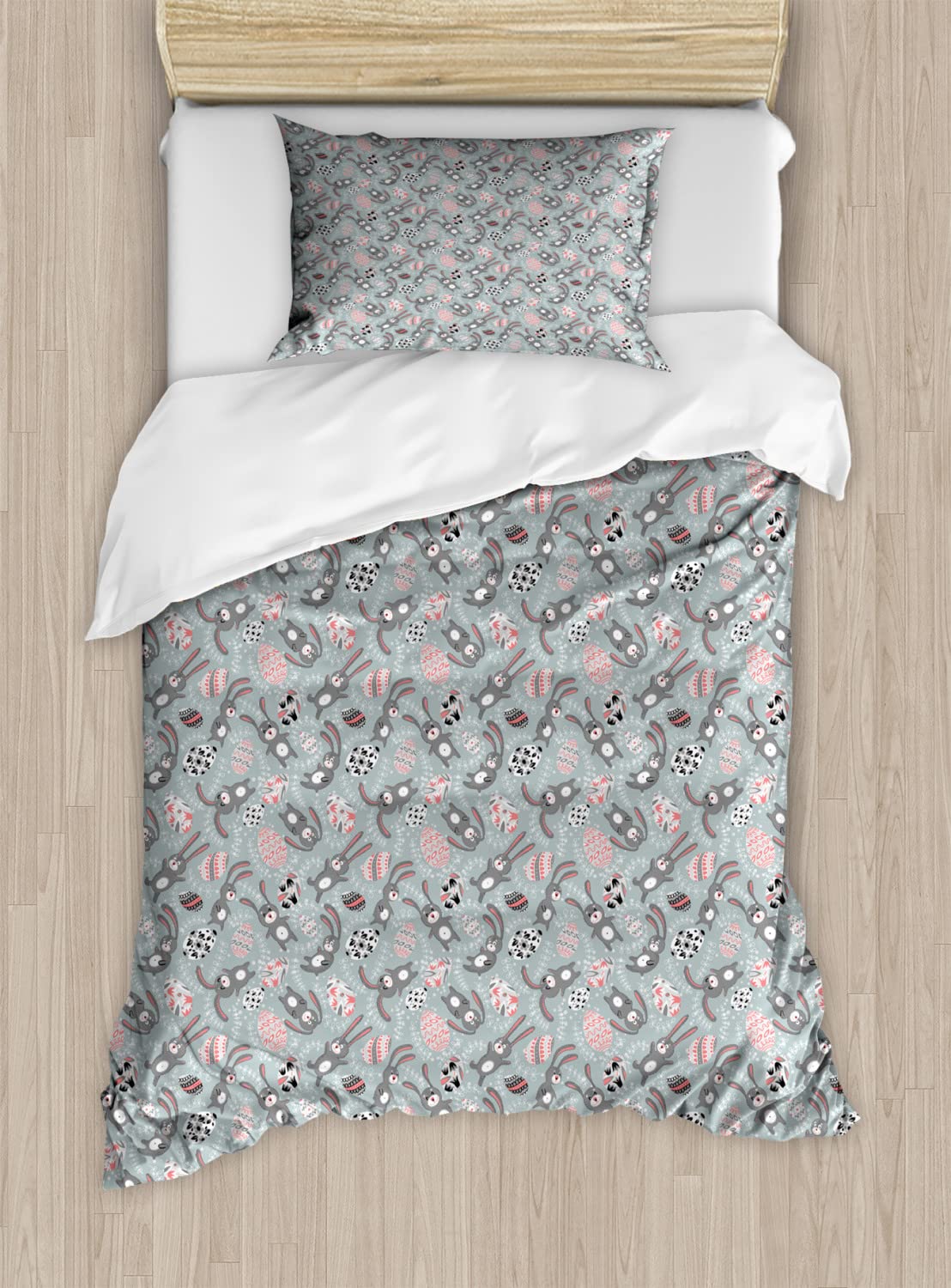 Ambesonne Easter Duvet Cover Set - Cartoon Bunny Design with Spring Branches & Eggs, 2-Piece King Size Bedding Set (2 Duvet Covers + 2 Pillowcases) in Blue-Grey Black & Coral | Perfect for Spring Decor, Holiday Bedroom Makeover & Easter Gift Ideas