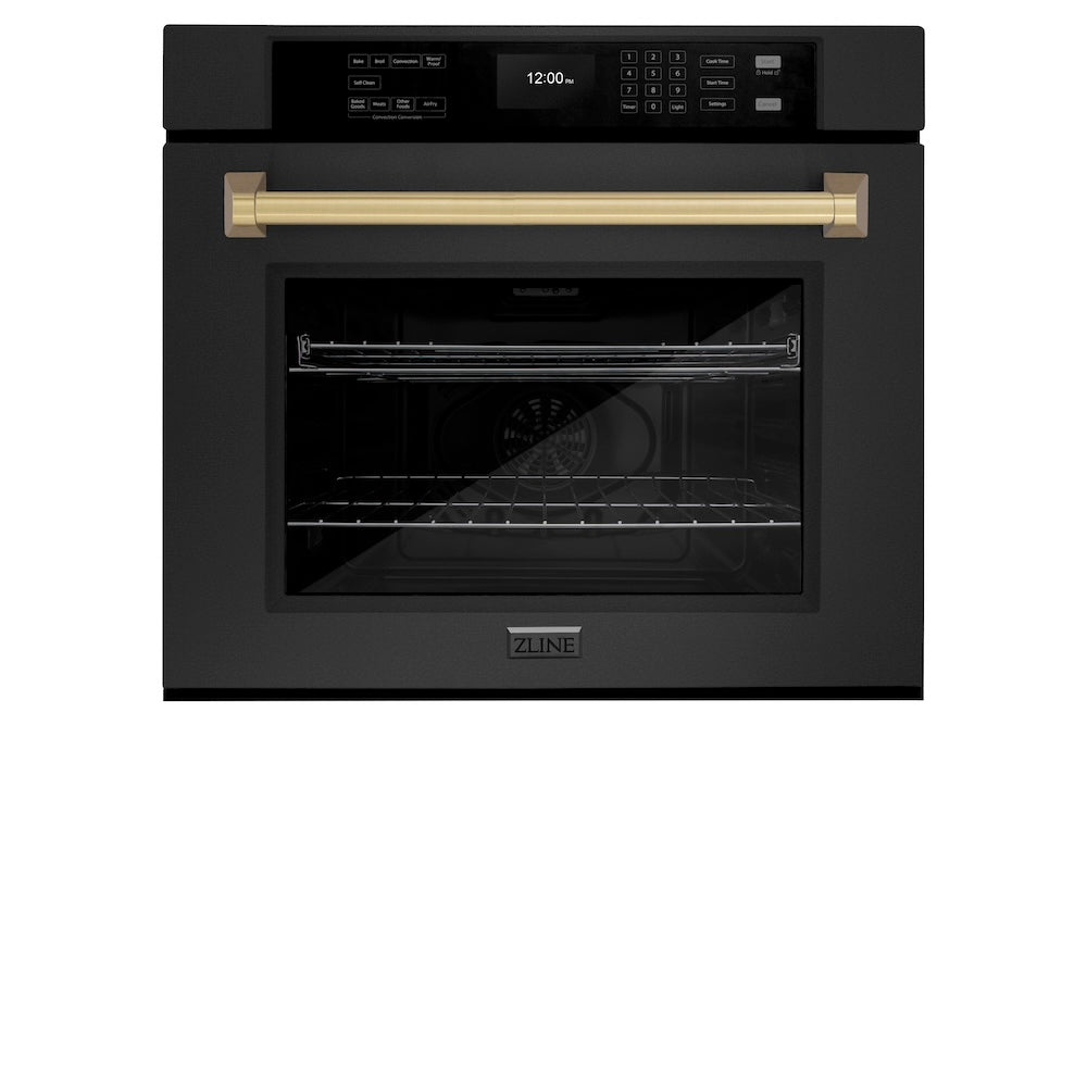 ZLINE Autograph Edition 30 Inch Professional True Convection Single Wall Oven with Air Fry & Self-Clean - Black Stainless Steel with Champagne Bronze Handle (WASBZ 30 CB) | Perfect for Modern Kitchens, Baking, Roasting & Air Frying