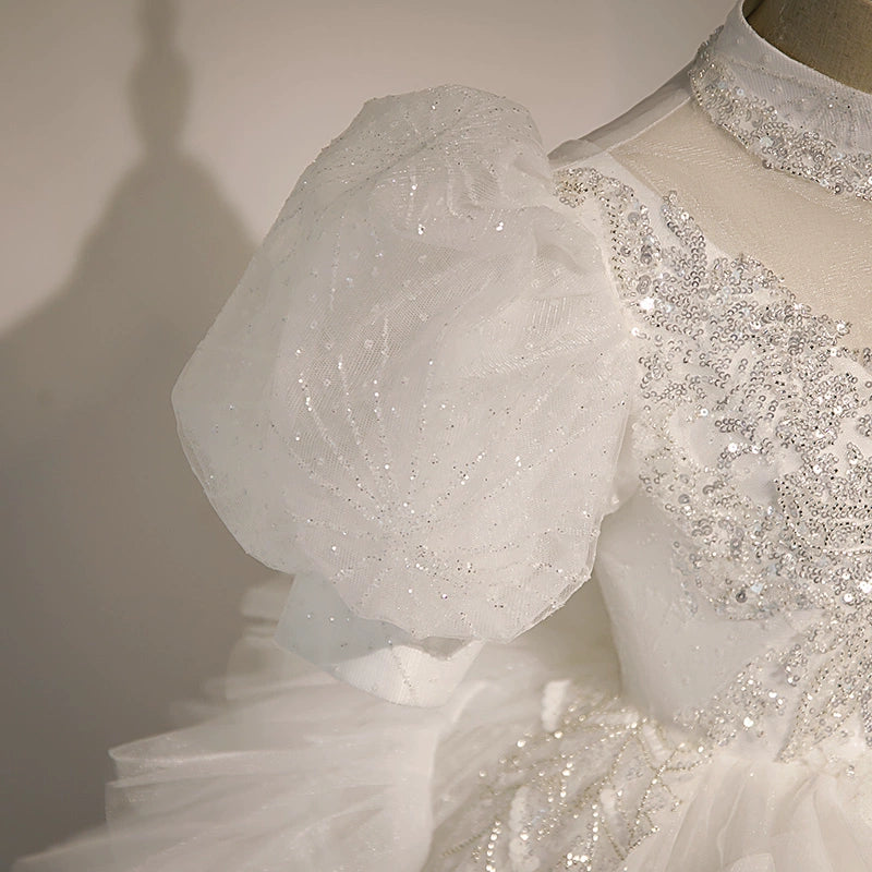 Elegant White Princess Mock Neck Floor-Length Tulle Flower Girl Dress for Weddings & Special Occasions