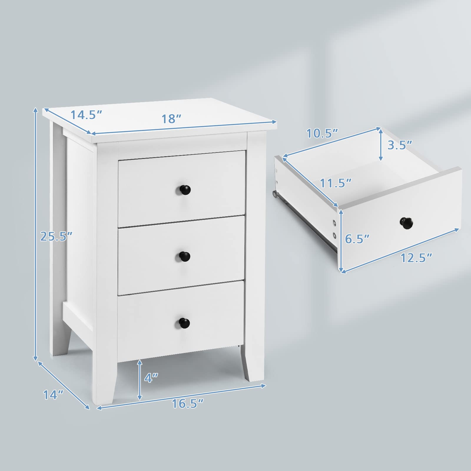 Safeplus 3-Drawer Nightstand - Solid Wood Side Table with Storage for Bedroom, Living Room & Office - White Finish, Compact & Stylish Accent Table for Small Spaces