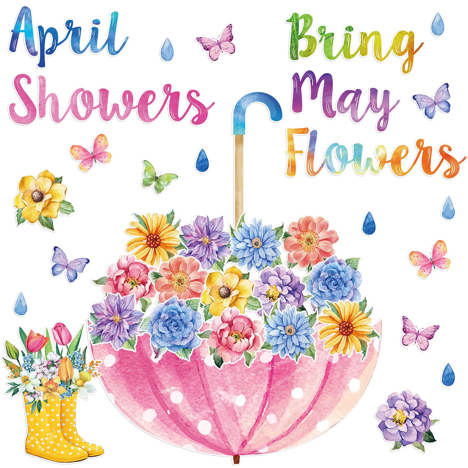 Gueevin April Showers Bring May Flowers Spring Bulletin Board Decorations - Watercolor Style Cutouts for Classroom, Whiteboard, Window & Home Party Decor - Perfect for Spring Classroom Themes & Seasonal Home Decorating