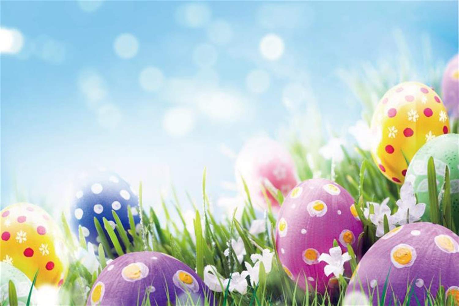 Laeacco 10x7ft Spring Easter Photography Backdrop - Colorful Painted Easter Eggs, Abstract Bokeh Halo with Grassland Flowers Design - Perfect for Easter Egg Hunts, Community Parties, Child & Adult Portrait Photo Shoots - Durable Photo Background for Easter Celebrations