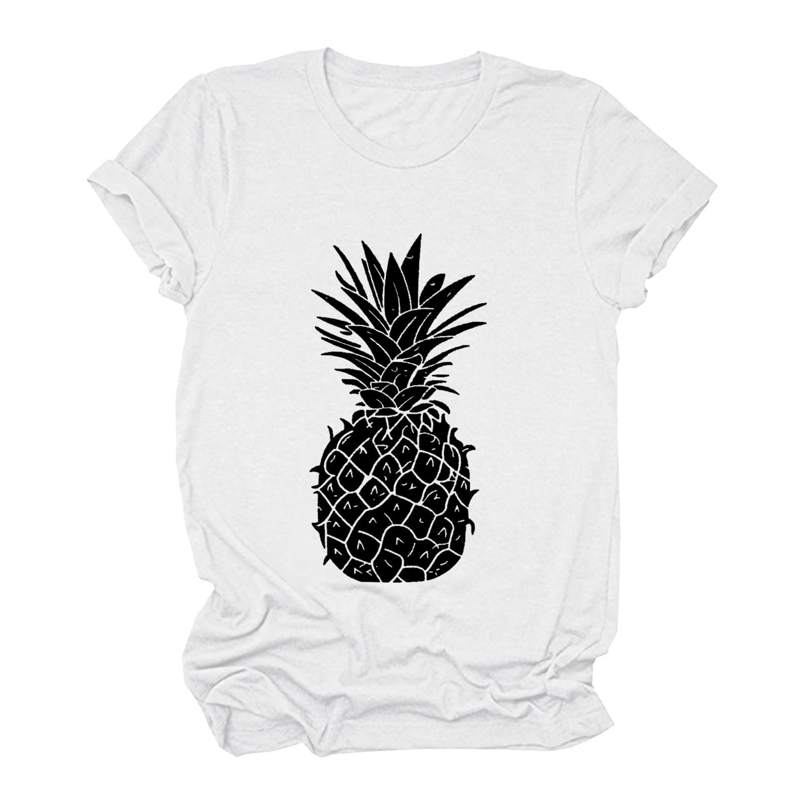 Women's Casual Pineapple Print Round Neck Short Sleeve T-Shirt - Loose Fit Tunic Blouse for Summer Beach Vacation & Tropical Outfits