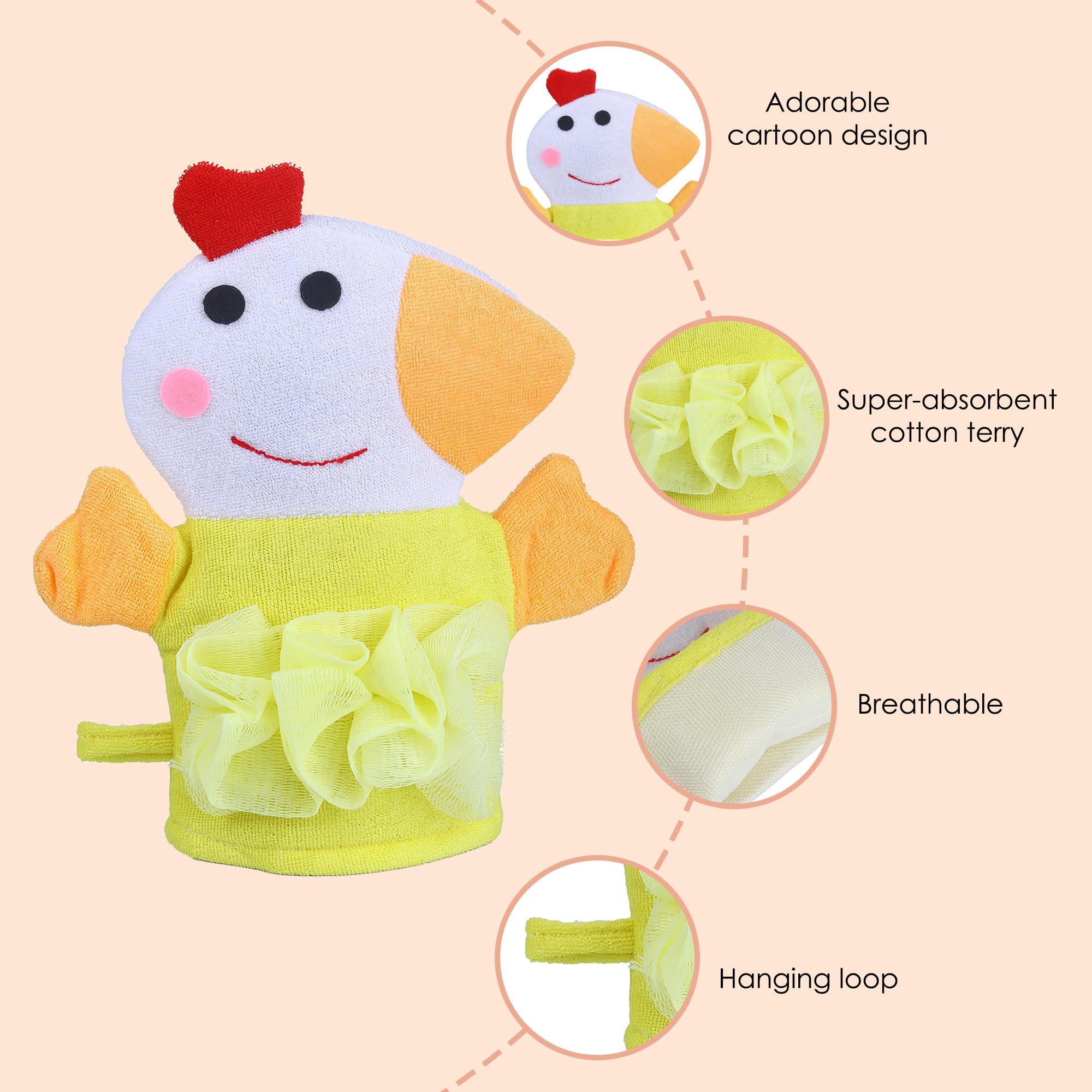 BabyMoo Sweet Hen Yellow Cute Hand Puppet Bath Wash Gloves & Washcloth Mitt for Kids, Toddlers & Infants - Soft Terry Cloth Body Scrubber for Mommy & Baby Boy/Girl - Fun Bath Time Toy for Sensory Play & Baby Skin Care