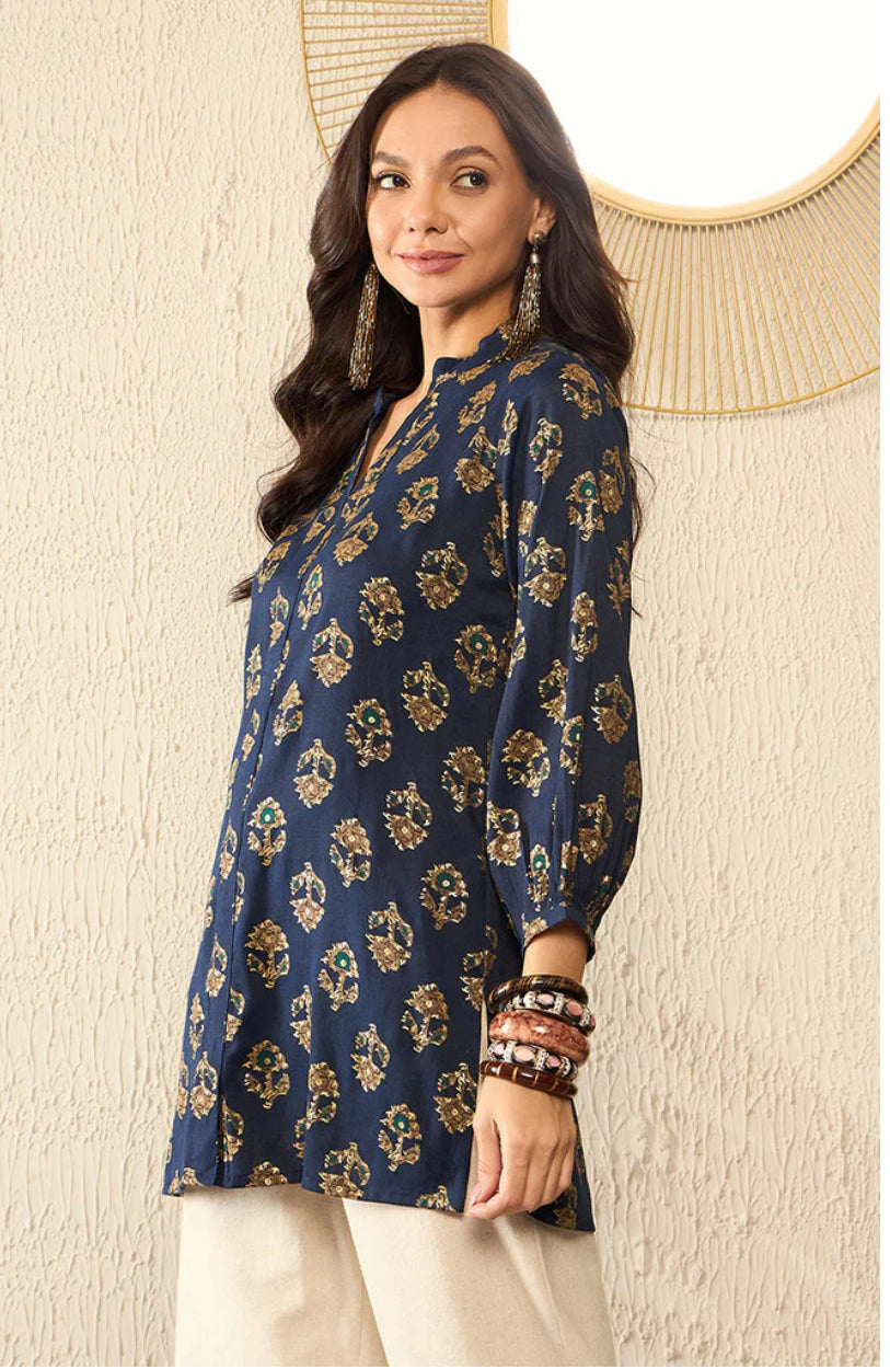 Stylish Blue Cotton Blend Floral Printed Indian Kurti Tunic Top for Women | Comfortable & Fashionable Ethnic Wear | Perfect for Festivals, Parties & Casual Outings