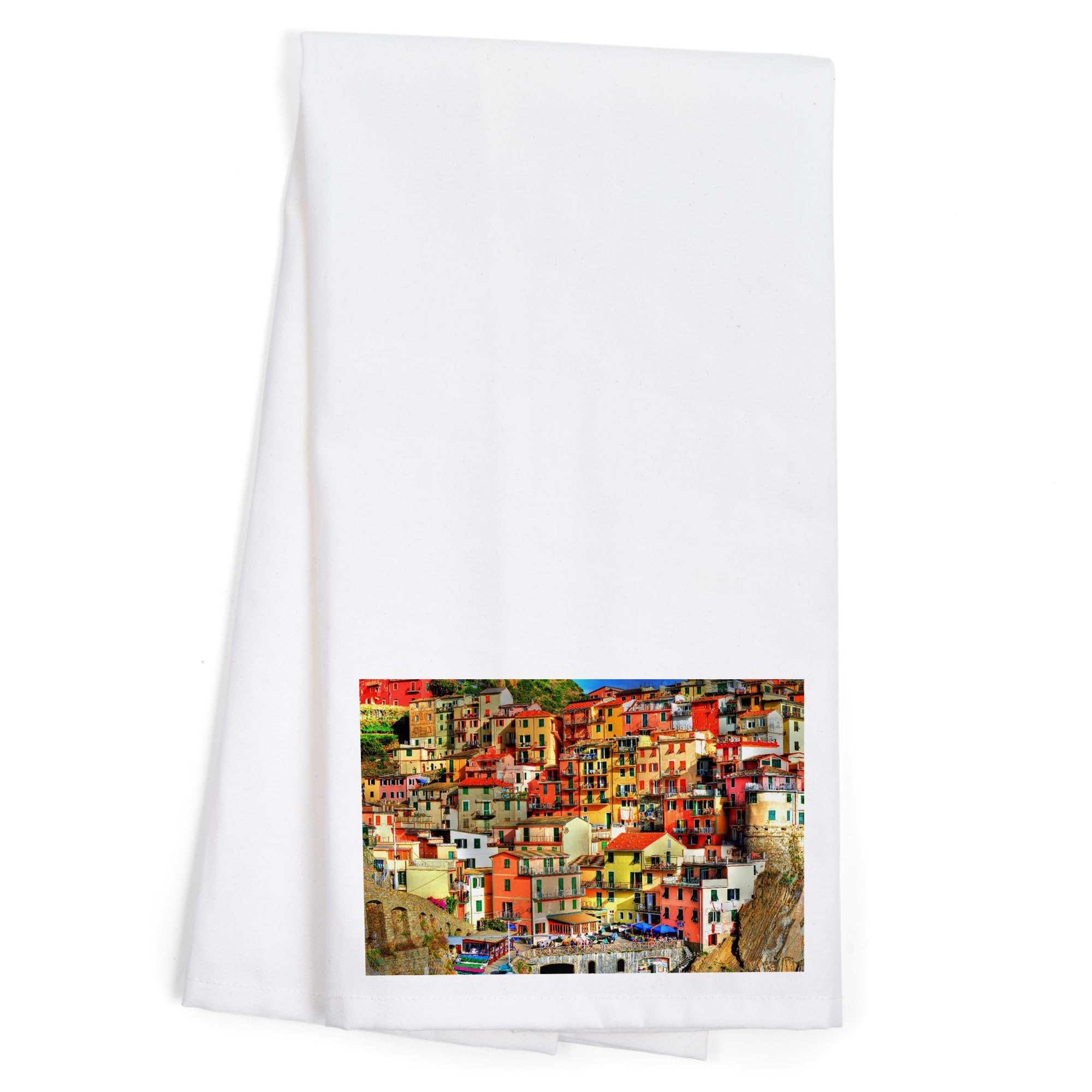 Lantern Press Manarola Italy Colorful Houses 100% Cotton Tea Towel - Decorative Hand Towel for Kitchen & Home Decor - Perfect for Gifts, Dish Drying & Coastal Themed Decor
