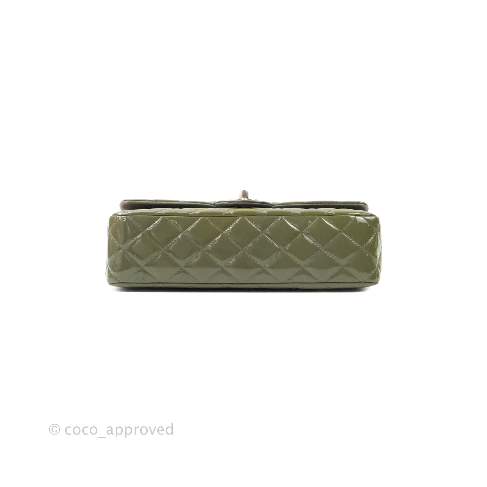 Chanel Classic M/L Medium Double Flap Bag in Olive Green Patent Leather with Silver Hardware - Luxury Handbag for Women, Perfect for Work, Evening Events & Special Occasions