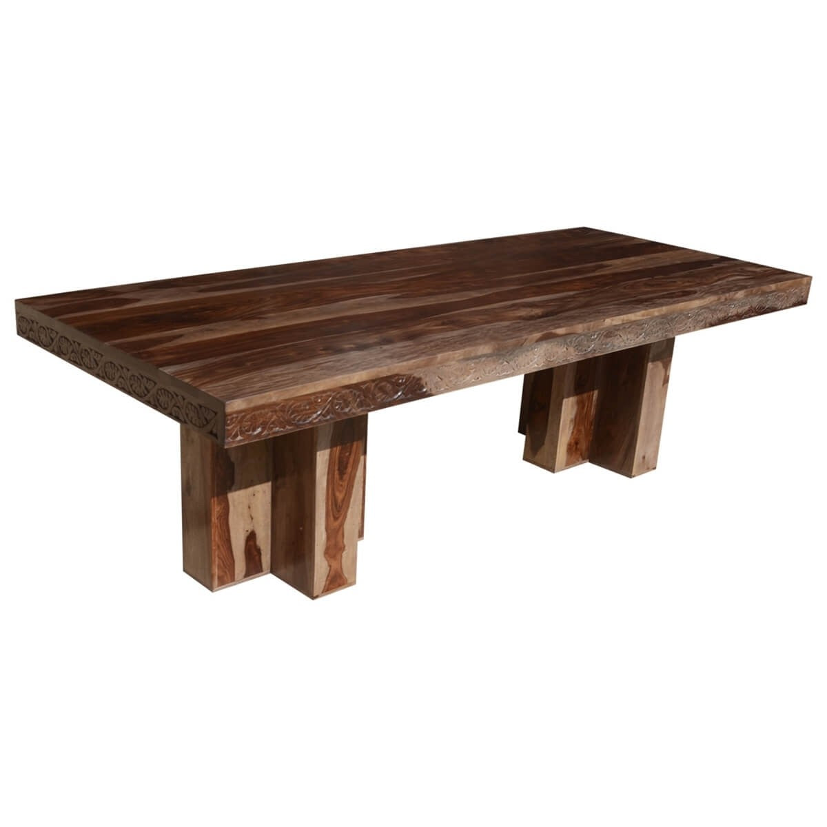 Rustic Solid Wood Double Pedestal Dining Table Set For 10 - Dallas Ranch Style Farmhouse Dining Room Furniture for Family Gatherings & Dinner Parties