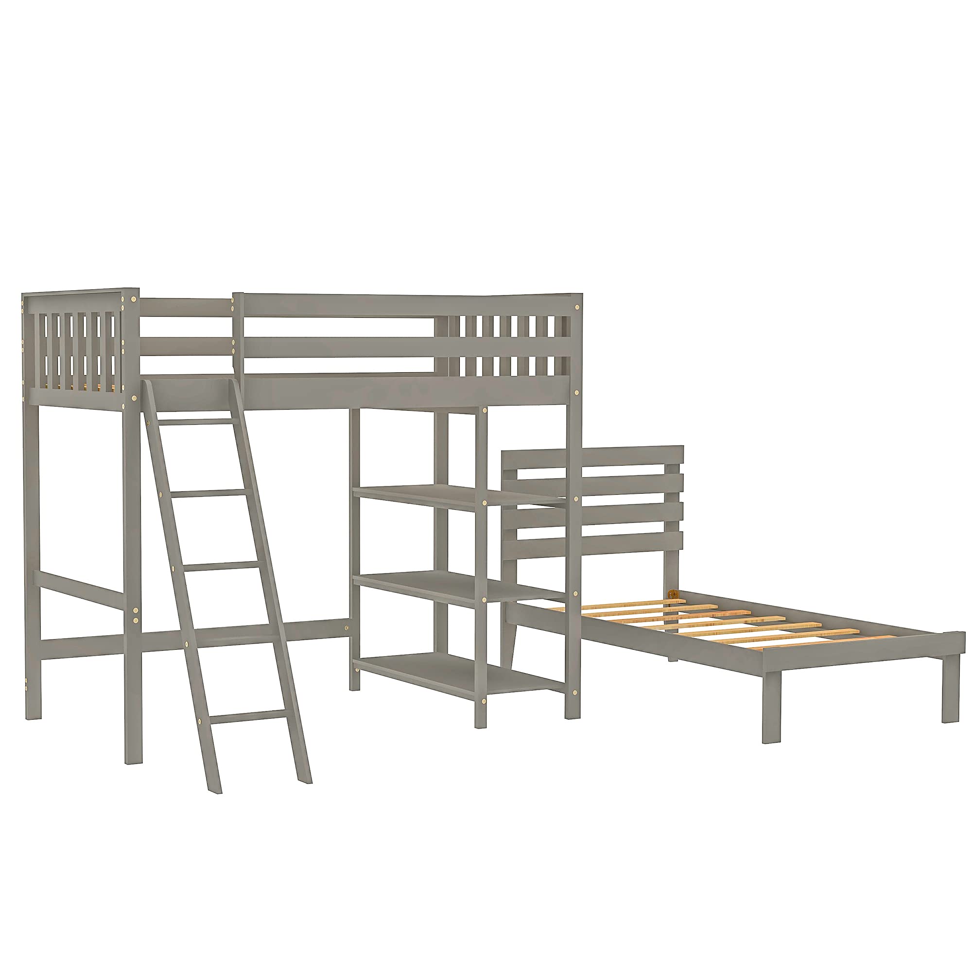 Solid Wood Twin Size Loft Bed Frame with Twin Platform Bed, 3 Storage Shelves & Safety Guardrail - Space Saving Kids & Teens Bedroom Furniture for Small Rooms (Gray) - Perfect for Dorms, Apartments & Shared Kids' Rooms