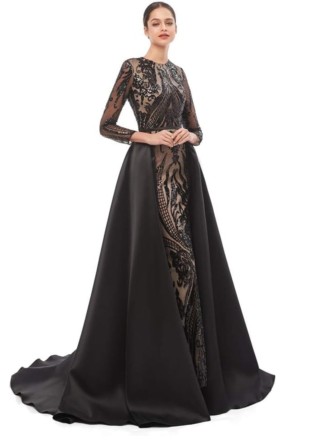 Elegant Long Sleeve Prom Dress with Glitter Sequin Detachable Skirt - Mermaid Pageant Gown for Evening Gala, Homecoming, Quinceañera & Formal Events