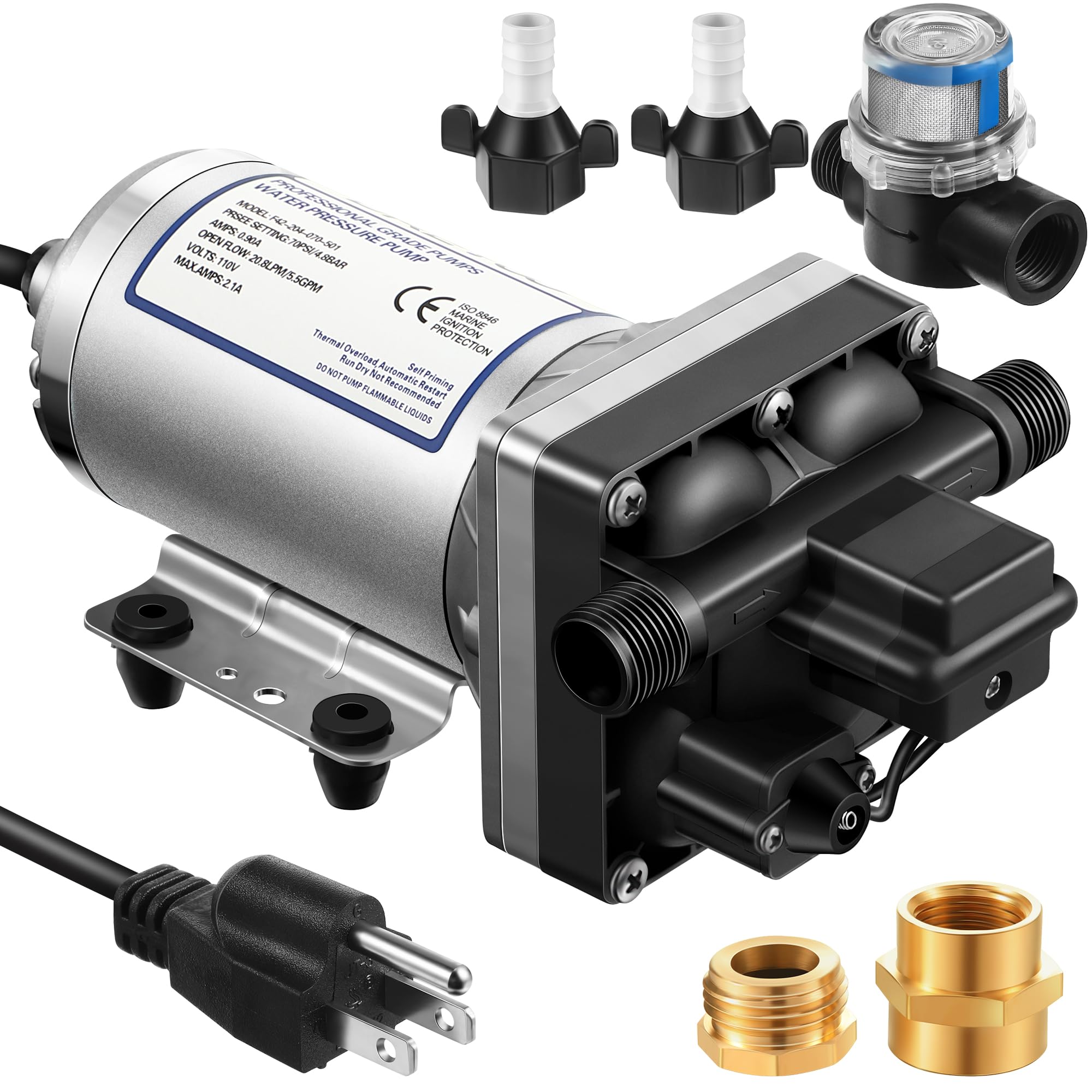 High Pressure Water Booster Pump 110V 5.5 GPM 70 PSI, Self-Priming Industrial Water Pump with Power Cord & Brass Fittings, Inline Strainer Filter for Kitchen, Bathroom, RV, Marine, Caravan, Garden Irrigation (Silver) - Perfect for Home Water Pressure Boosting and Outdoor Water Supply