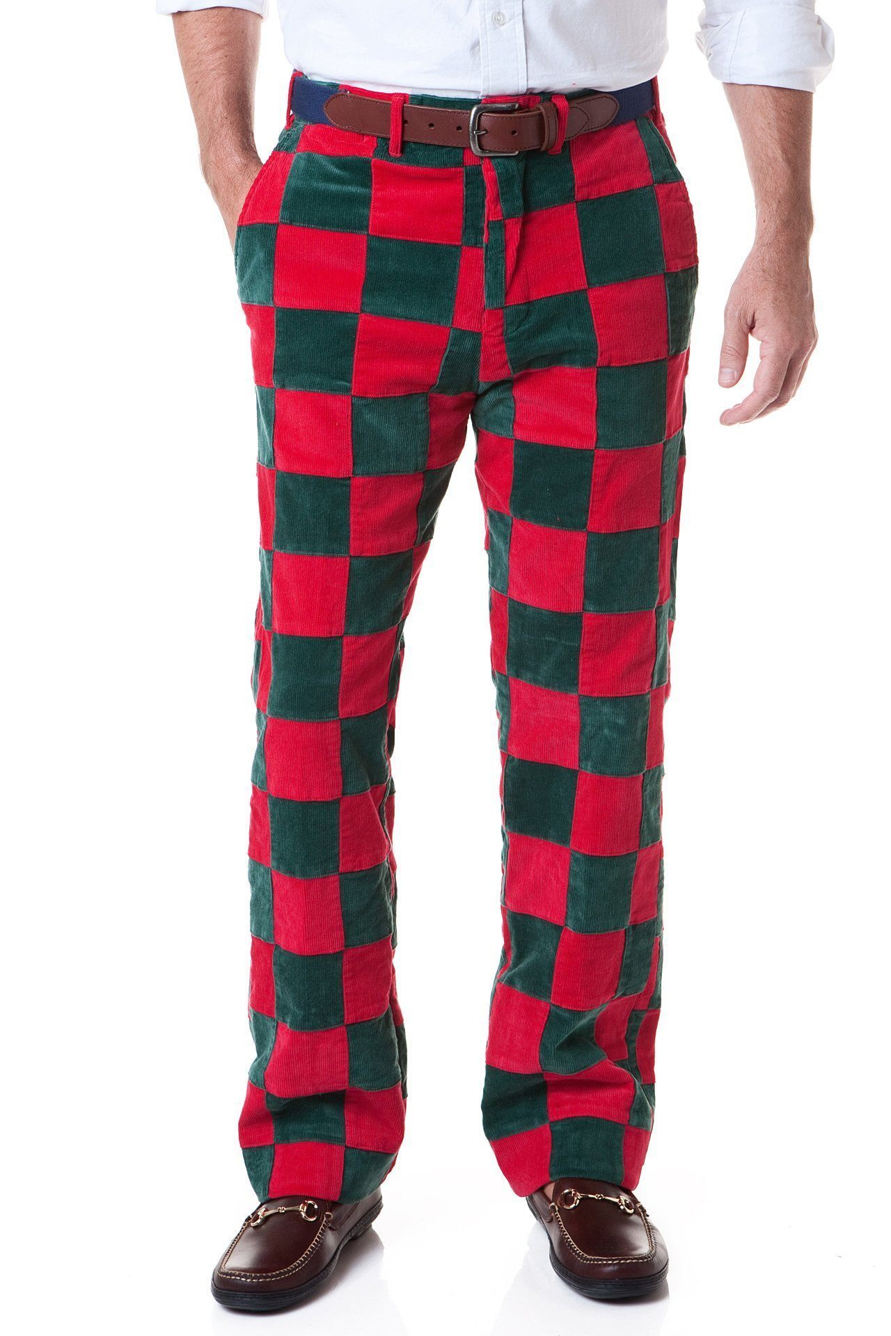 Beachcomber Corduroy Pants for Men - Hunter Green & Crimson Patchwork Design - Perfect for Casual Outings, Fall Fashion, and Outdoor Adventures