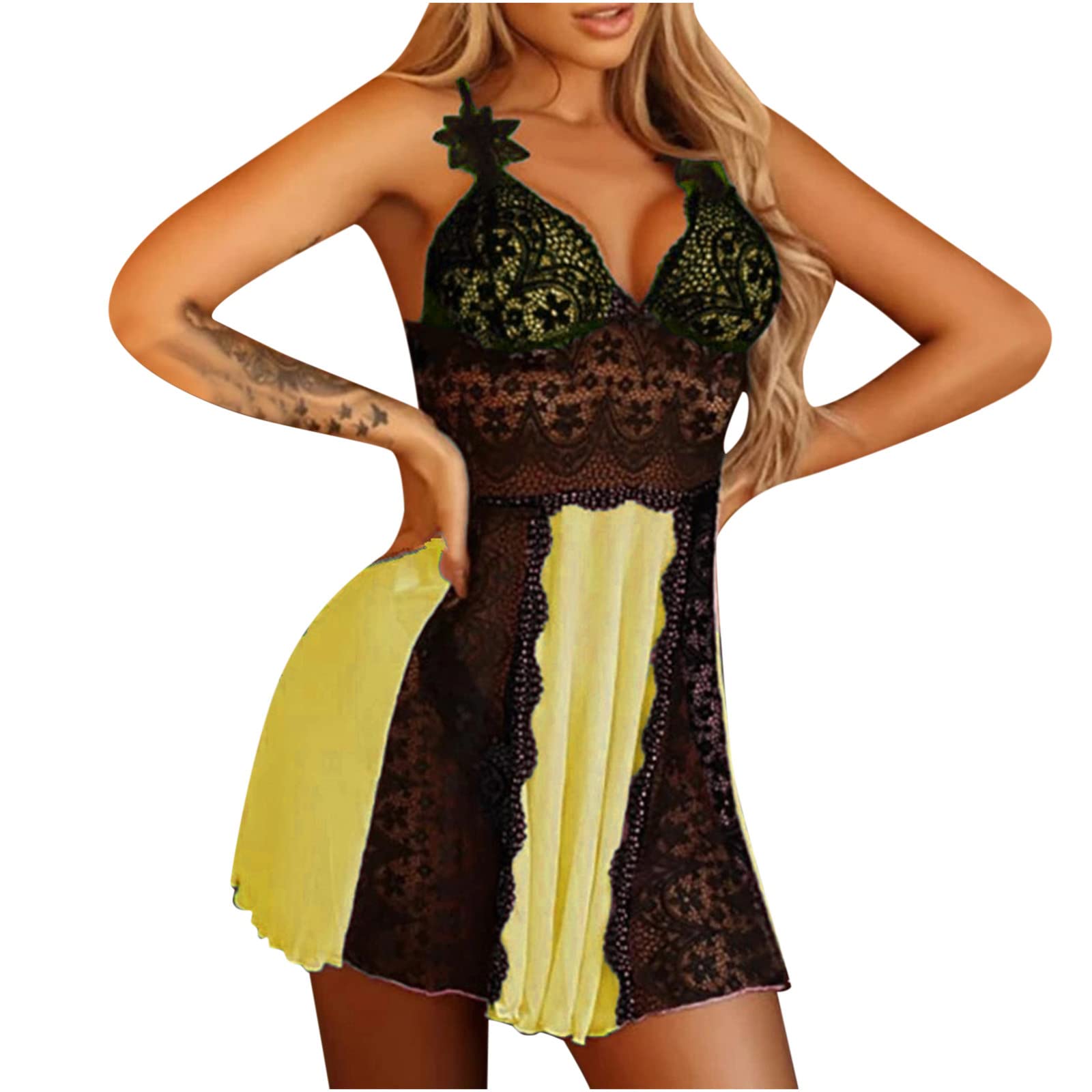 Sexy Lace Chemise Nightgown for Women - Sheer Hollow Out Teddy Lingerie & V-Neck Sleepwear Dress with Cami Skirt | Perfect for Valentine's Day, Honeymoon & Romantic Nights