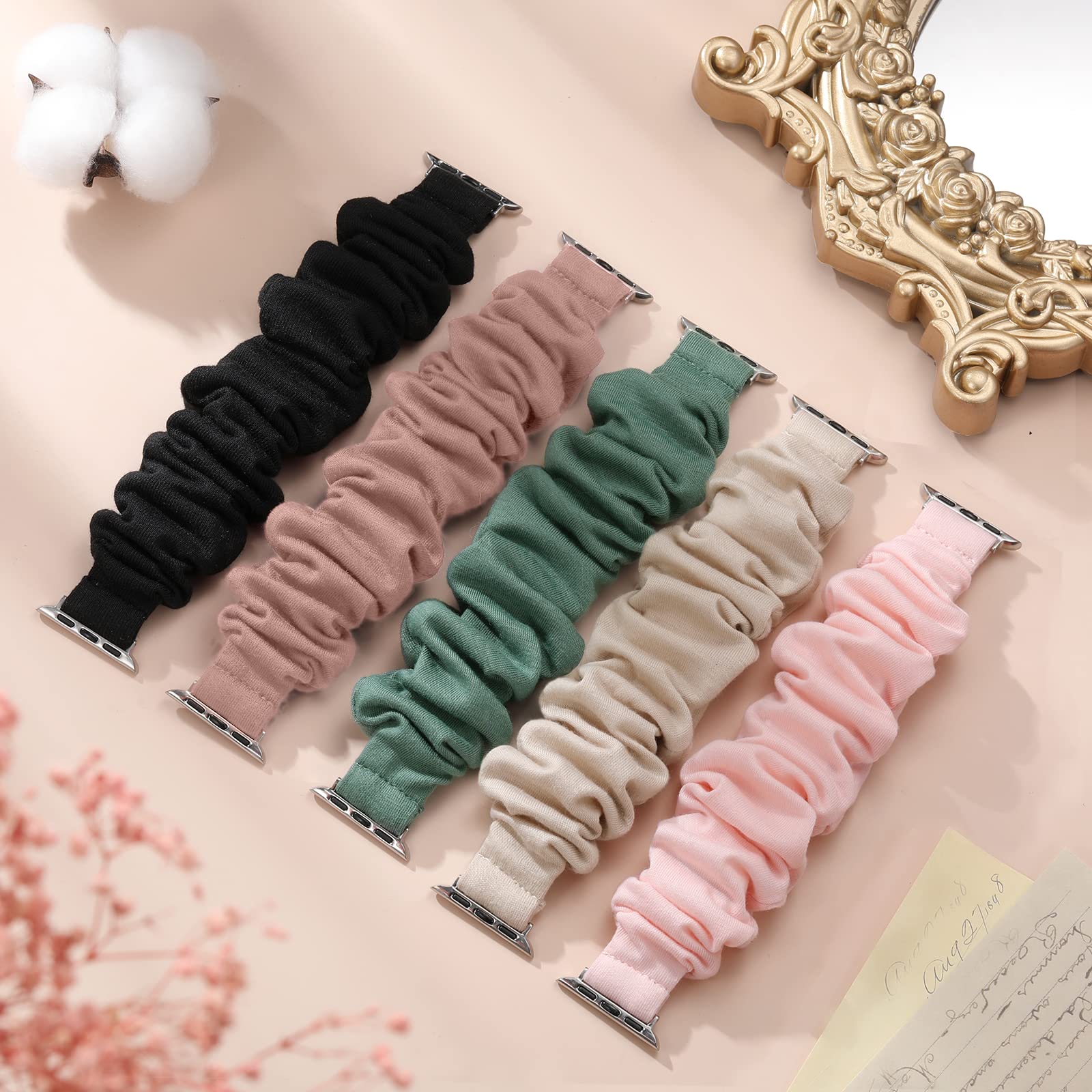 Adorve 5 Pack Scrunchie Bands for Apple Watch 38mm 40mm 41mm 42mm 44mm 45mm 49mm - Cute Adjustable Fabric Elastic Strap Compatible with iWatch SE Ultra Series 8 7 6 5 4 3 2 1 - Perfect for Workouts, Yoga, Running & Everyday Fashion Accessory