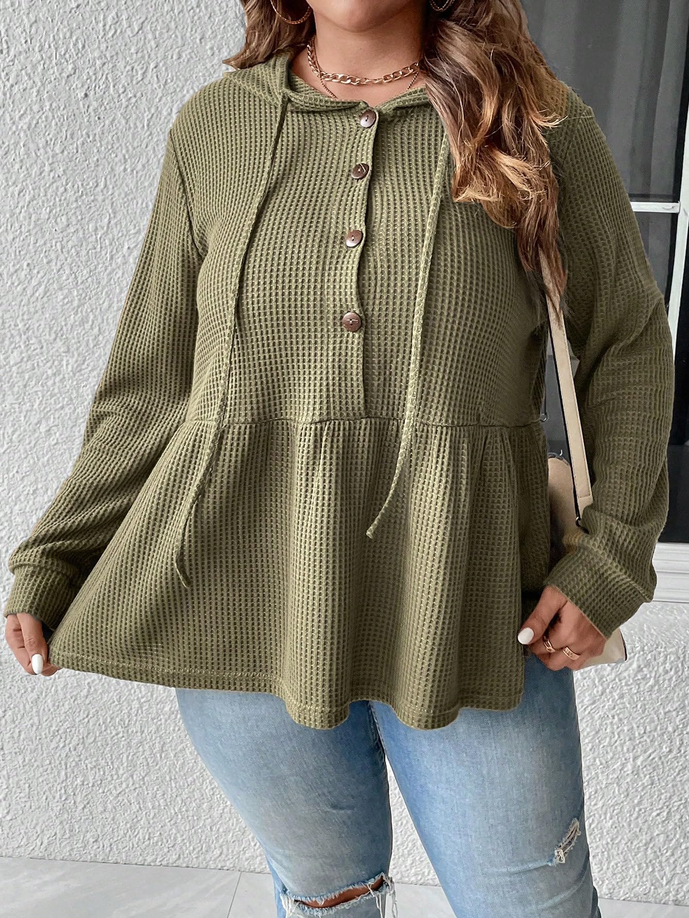 SweatyRocks Women's Plus Size Waffle Knit Ruffle Hem Hoodie - Button Front Drawstring Pullover for Casual Wear & Loungewear