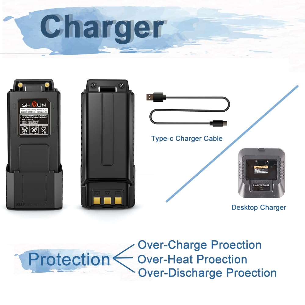 BAOFENG UV-5R Extended 3800mAh Battery with USB-C Charger (2 Batteries + 2 Cables) - Compatible with BF-F8HP, UV-5X3, RD-5R, UV-5RTP Walkie Talkies - Perfect for Outdoor Adventures, Emergency Preparedness & Security Work