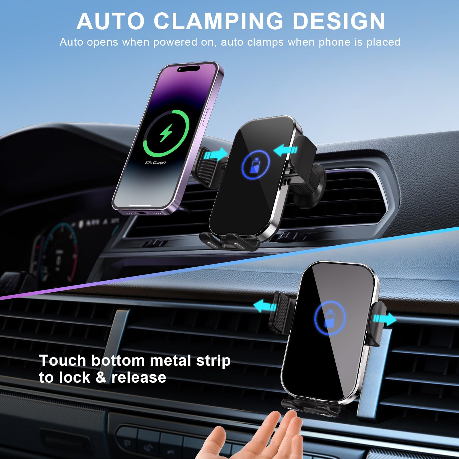 15W Fast Wireless Car Charger Mount - Auto-Clamping Qi-Certified Phone Holder for iPhone 16/15/14/13/12 & Samsung S24/S23/S22/S21 - Secure Charging for Road Trips & Daily Commute (Black)