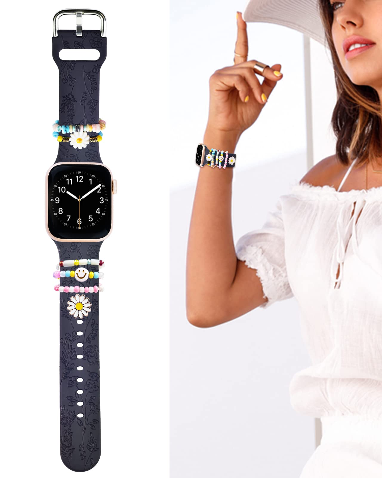 Floral Engraved Apple Watch Bands 38mm 40mm 41mm - Soft Silicone Replacement Strap for iWatch Series SE 8 7 6 5 4 3 2 1 - Women's Sport Wristband with Charms - Perfect for Workouts, Daily Wear & Fashion Accessories