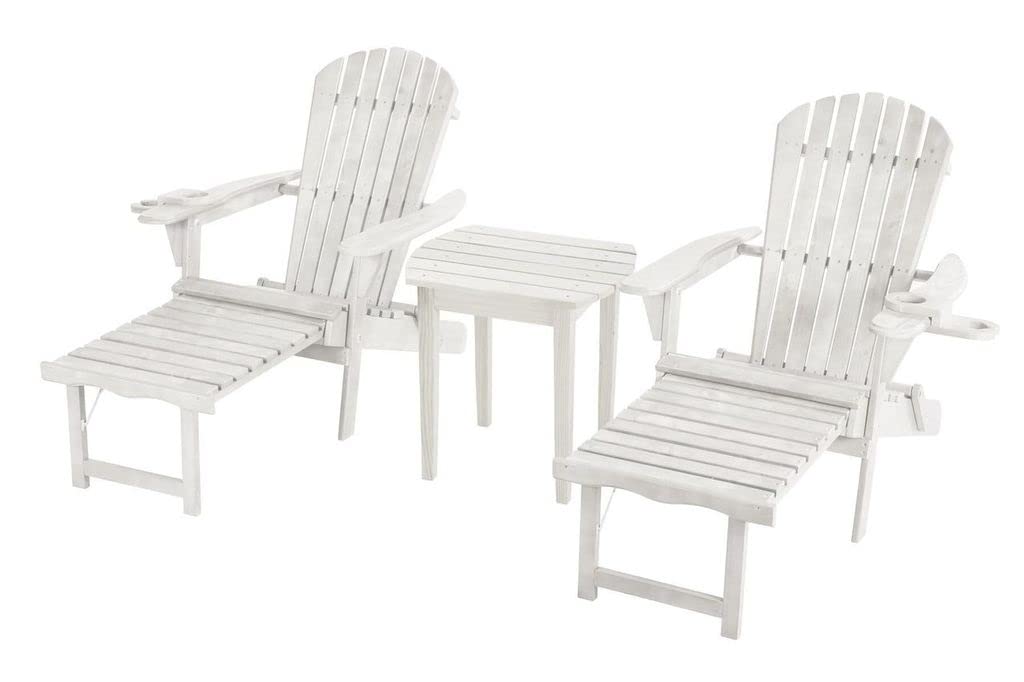 Oceanic Collection Adirondack Chaise Lounge Chair Set - 2 Foldable Chairs with Cup Holders & 1 End Table, Built-in Ottoman - Perfect for Poolside, Patio, Beach & Outdoor Relaxation