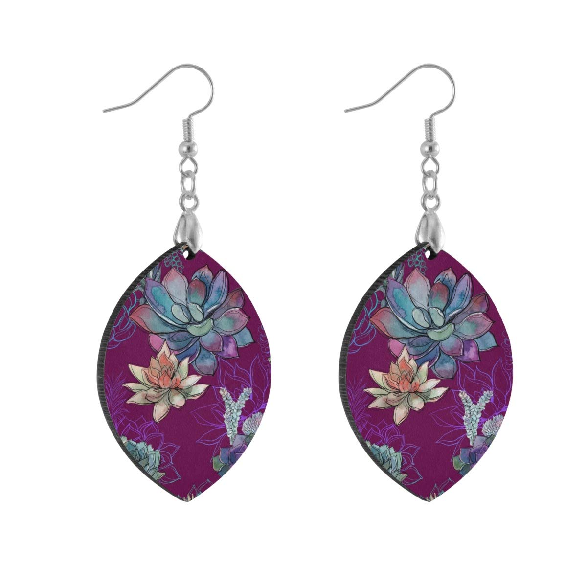 Lightweight Wooden Teardrop Earrings for Women - Natural Round Leaf Dangle Earrings with Colorful Succulents & Cork Print (1 Pair) - Perfect for Boho, Casual & Party Outfits