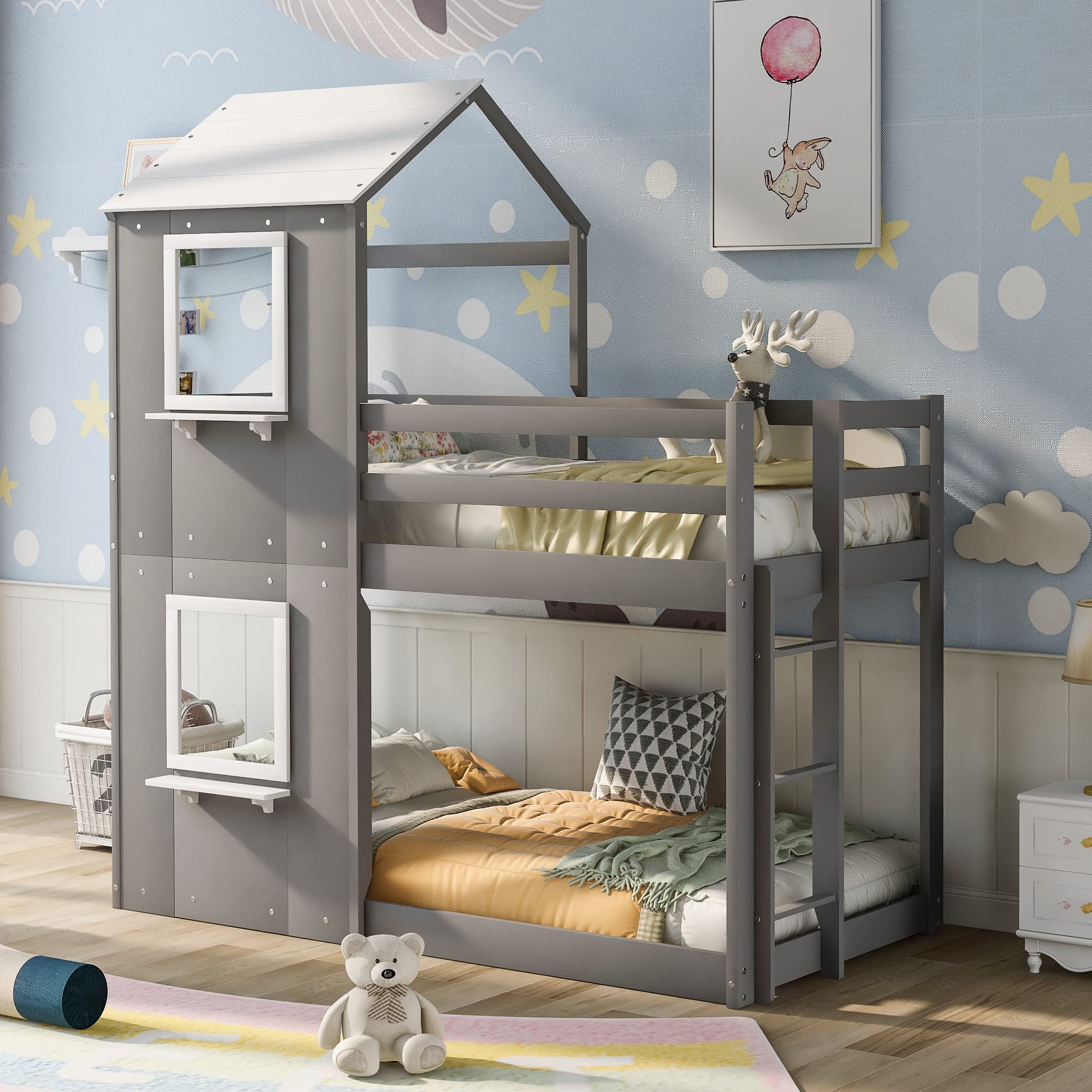 LZ LEISURE ZONE Twin Over Twin Bunk Bed with Roof - Wooden House Style Bed Frame with Window, Guardrail & Ladder - Space Saving Grey & White Kids Bunk Bed for Small Bedrooms, Guest Rooms & Vacation Homes