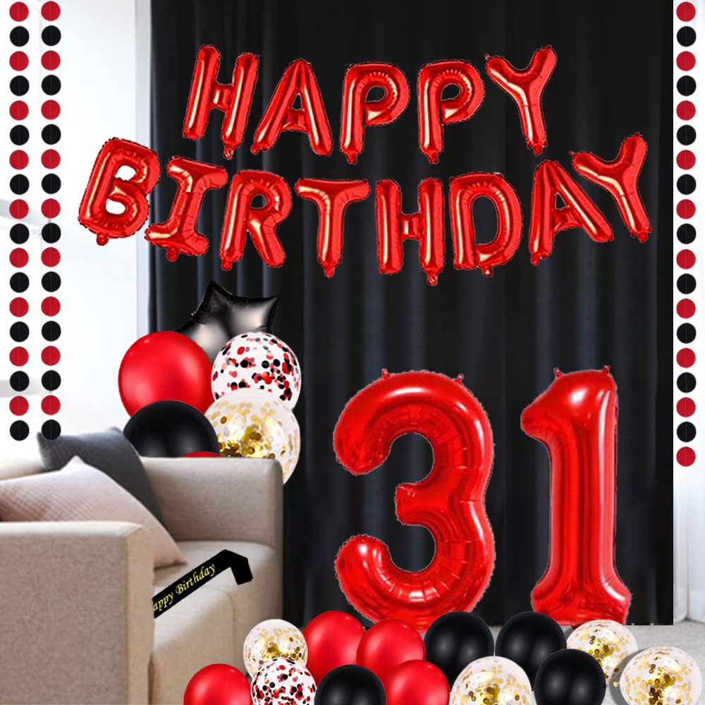 31st Birthday Party Decorations Set - 16 Inch Red Foil Balloons, Banner, Sash & Black Curtains for Red Theme Celebration | Perfect for Milestone Birthday Parties, Photo Backdrops & Event Decor