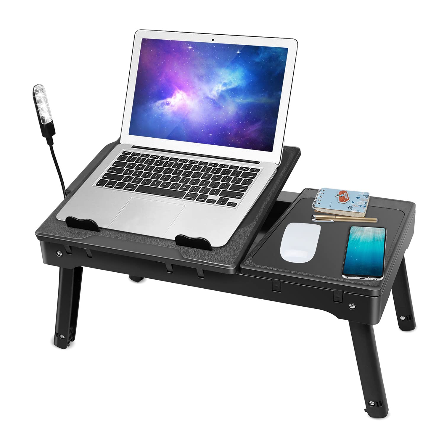 iMountek Multi-Functional Laptop Bed Table Tray with Cooling Fan, LED Light, 4 USB Ports & Storage - Adjustable Notebook Desk for Home Office, Bedroom, Dorm Room (Black) - Perfect for Working, Studying, Gaming & Watching Movies in Bed