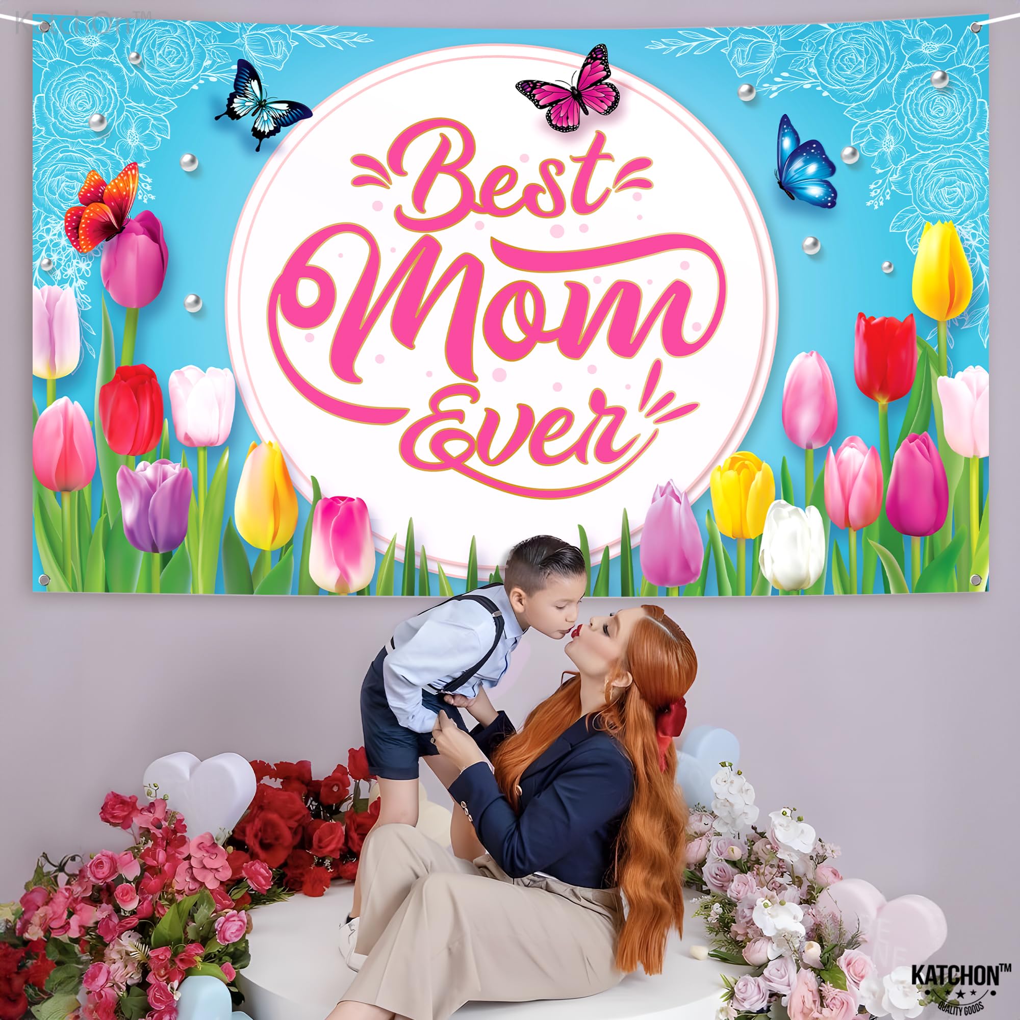 KatchOn Extra Large 72x44 Inch 'Best Mom Ever' Banner - Pink & Blue Happy Mother's Day Party Decorations | Mother's Day Backdrop for Home, Office & Outdoor Celebrations