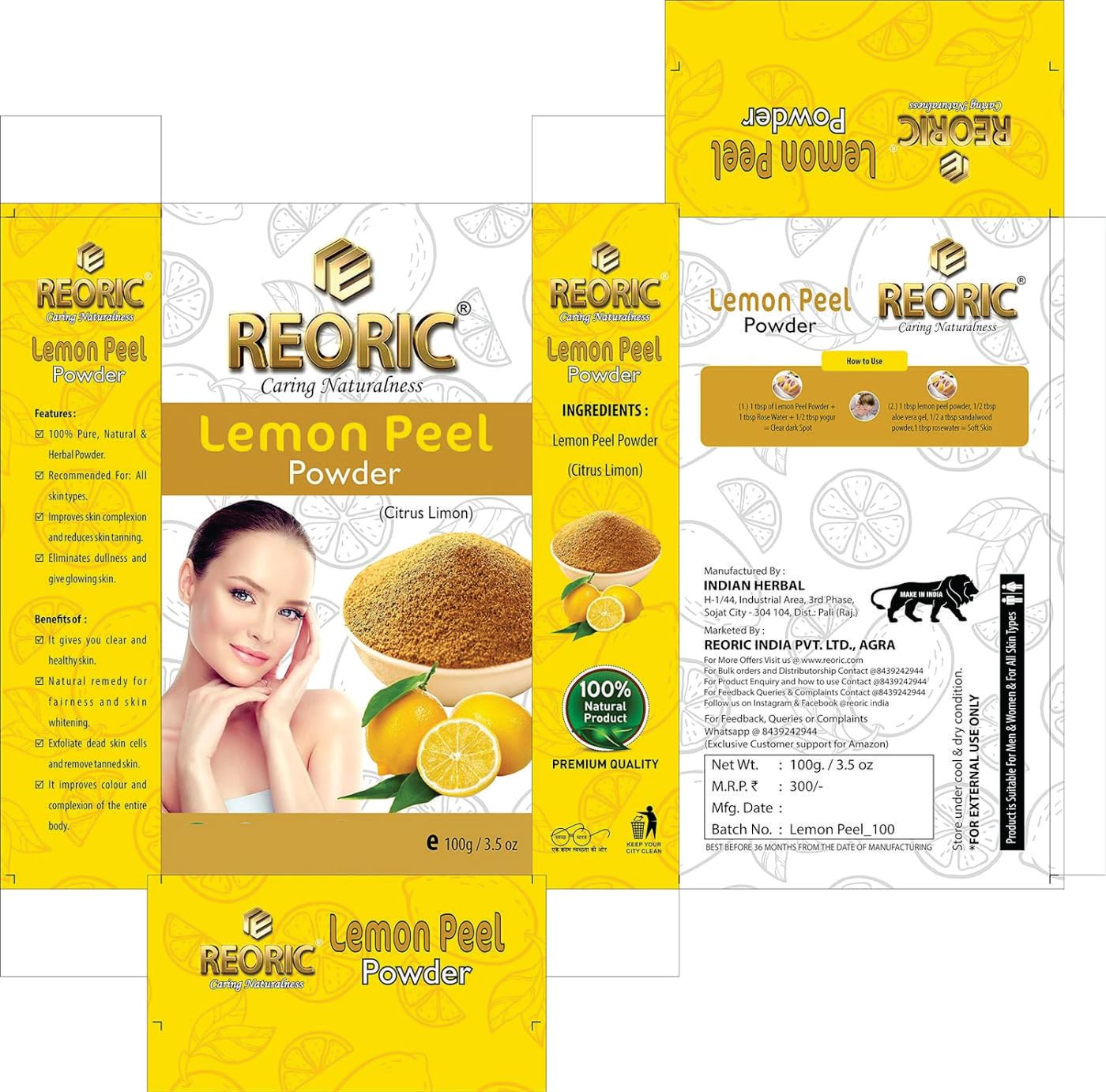 Organic Lemon Peel Powder for Face - 100% Natural Vitamin C Brightening Facial Mask & Skin Glow Treatment (100g) | DIY Skincare, Brightening Face Pack, Natural Exfoliator for Radiant Skin