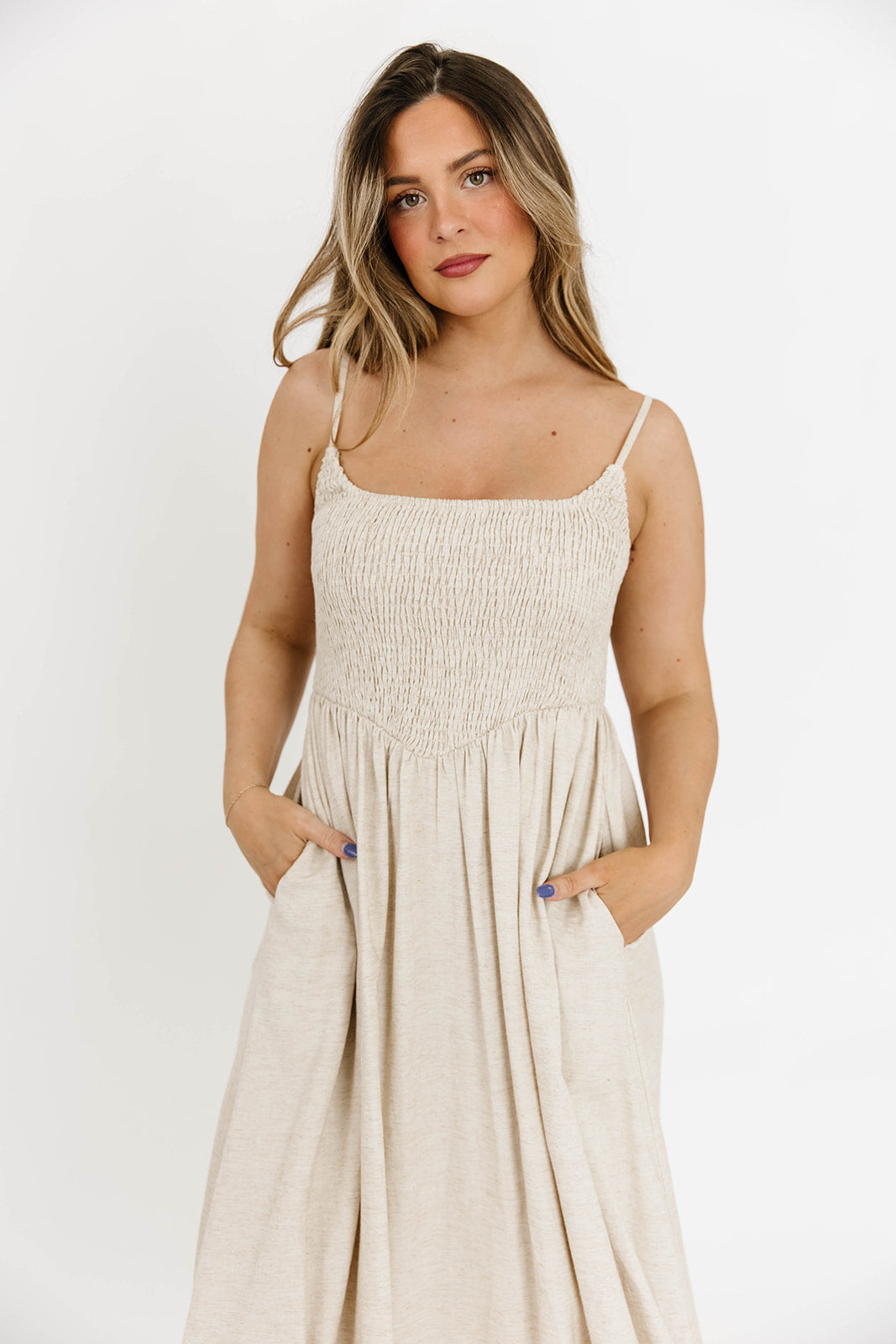 Josefina Smocked Maxi Dress in Natural - Bump Friendly Maternity Dress for Pregnancy & Nursing | Perfect for Baby Showers, Beach Vacations & Summer Weddings