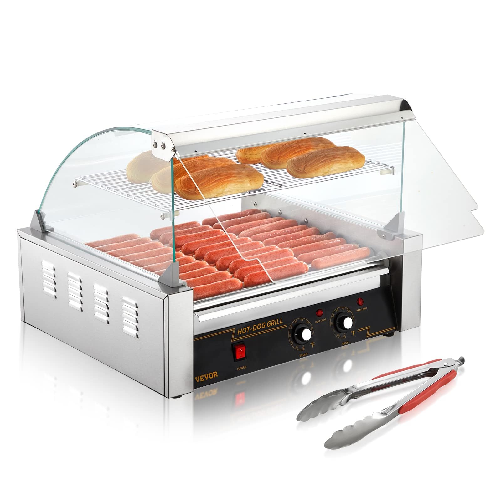 VEVOR Commercial Hot Dog Roller Machine - 11 Stainless Steel Rollers, 1650W, 30 Hot Dogs Capacity - Dual Temperature Control, Glass Hood, Bun Warmer & Removable Drip Tray - ETL Certified for Restaurants, Food Trucks & Outdoor Events