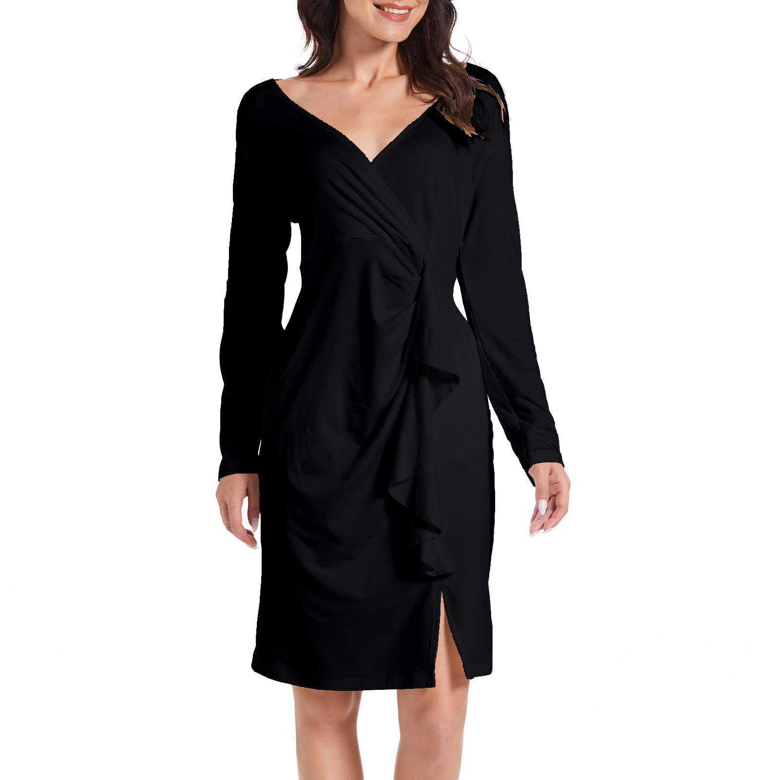 Hujoin Women's Sexy V-Neck Long Sleeve Ruffle Bodycon Dress - Fall Winter Midi Dress for Party, Date Night & Holiday Events