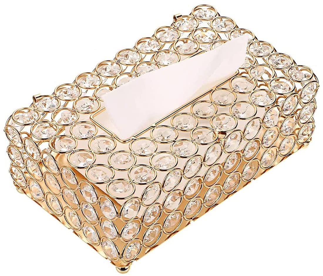 Crystal Tissue Box Holder - Rectangular Gold Tissue Organizer for Dining Room, Bedroom & Dresser | Decorative Home Accessory for Living Spaces & Office Desks