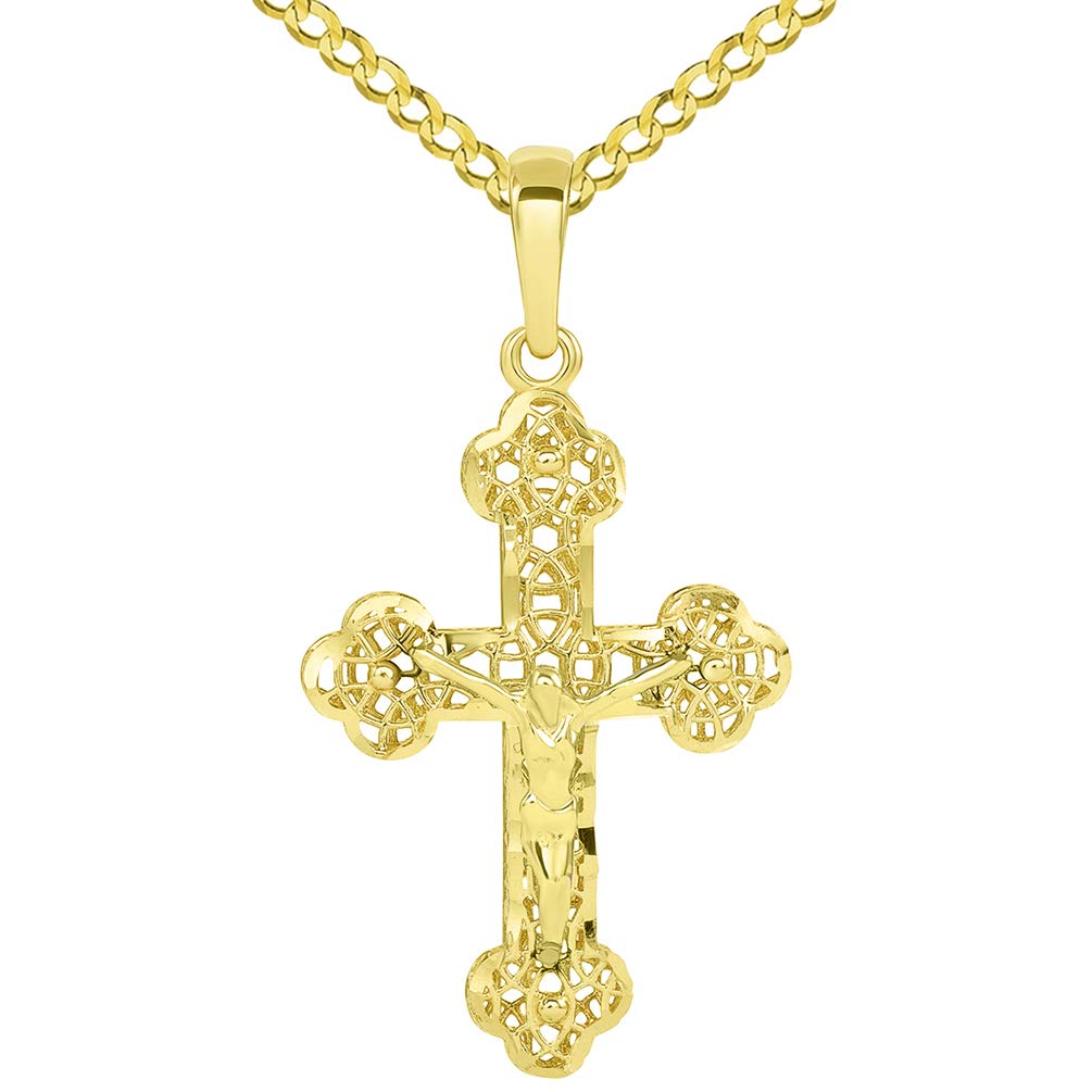 14K Yellow Gold Textured Filigree Eastern Orthodox Cross 3D Jesus Crucifix Pendant with Chain - Religious Jewelry for Men & Women - Perfect for Baptism, Confirmation, and Spiritual Gifts