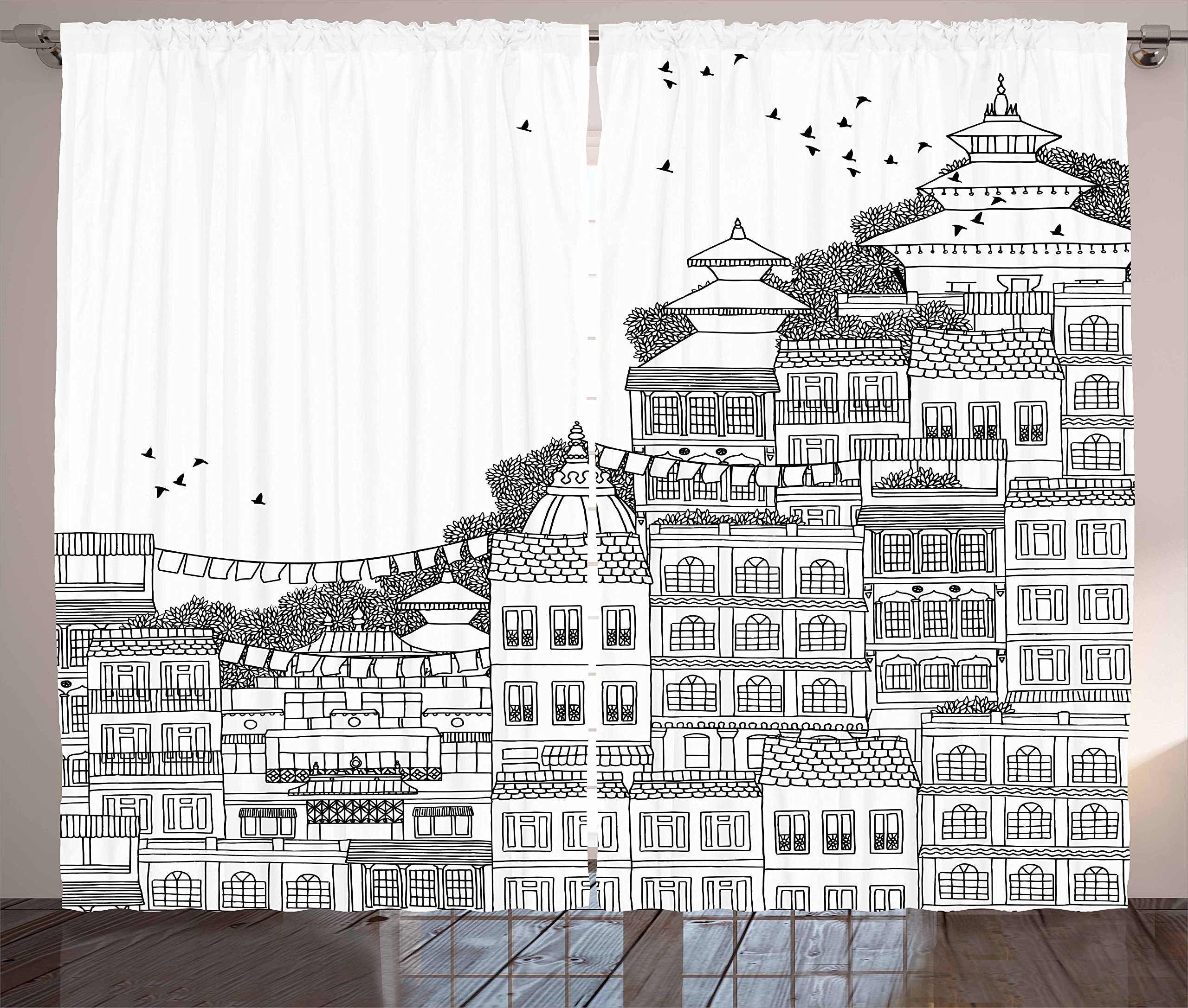 Ambesonne Nepal Black and White Curtains - Hand Drawn Monochrome Kathmandu Urban Life Illustration - 2 Panel Window Drapes for Living Room & Bedroom (108