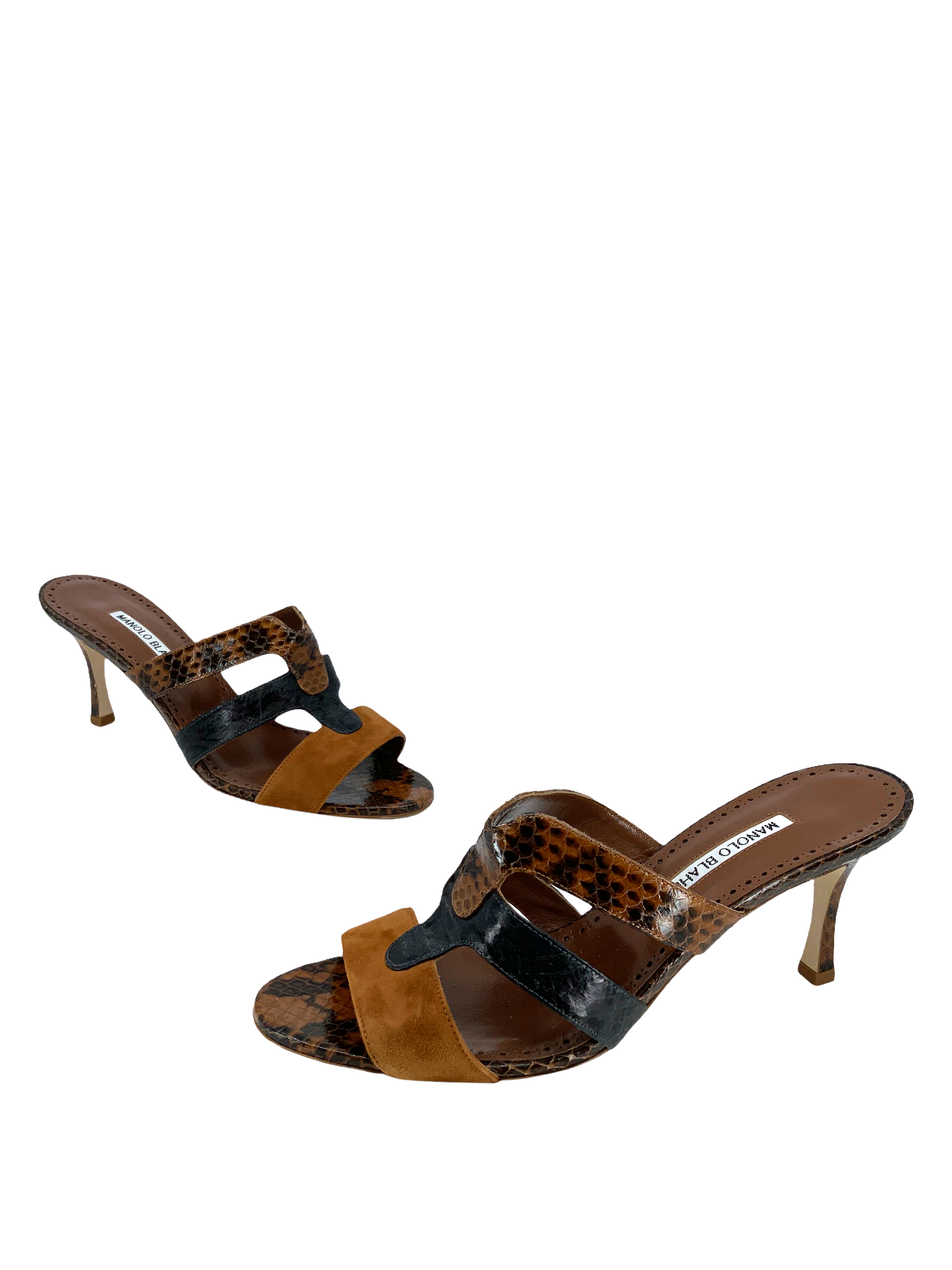 Manolo Blahnik Pennina Brown Suede & Snakeskin Mules - Women's Size 9 Luxury Designer Slides | Perfect for Evening Parties, Weddings & Special Occasions