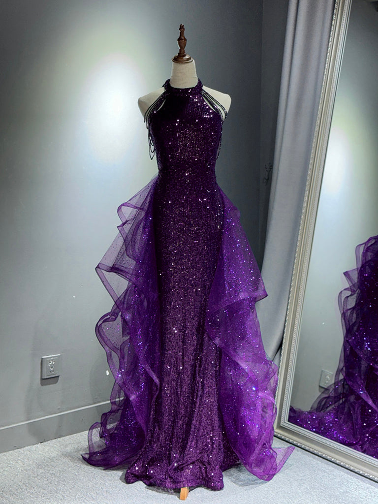 Elegant A-Line Tulle Sequin Dark Blue Long Prom Dress for Women - Perfect for Formal Dances, Evening Gala & Special Occasions