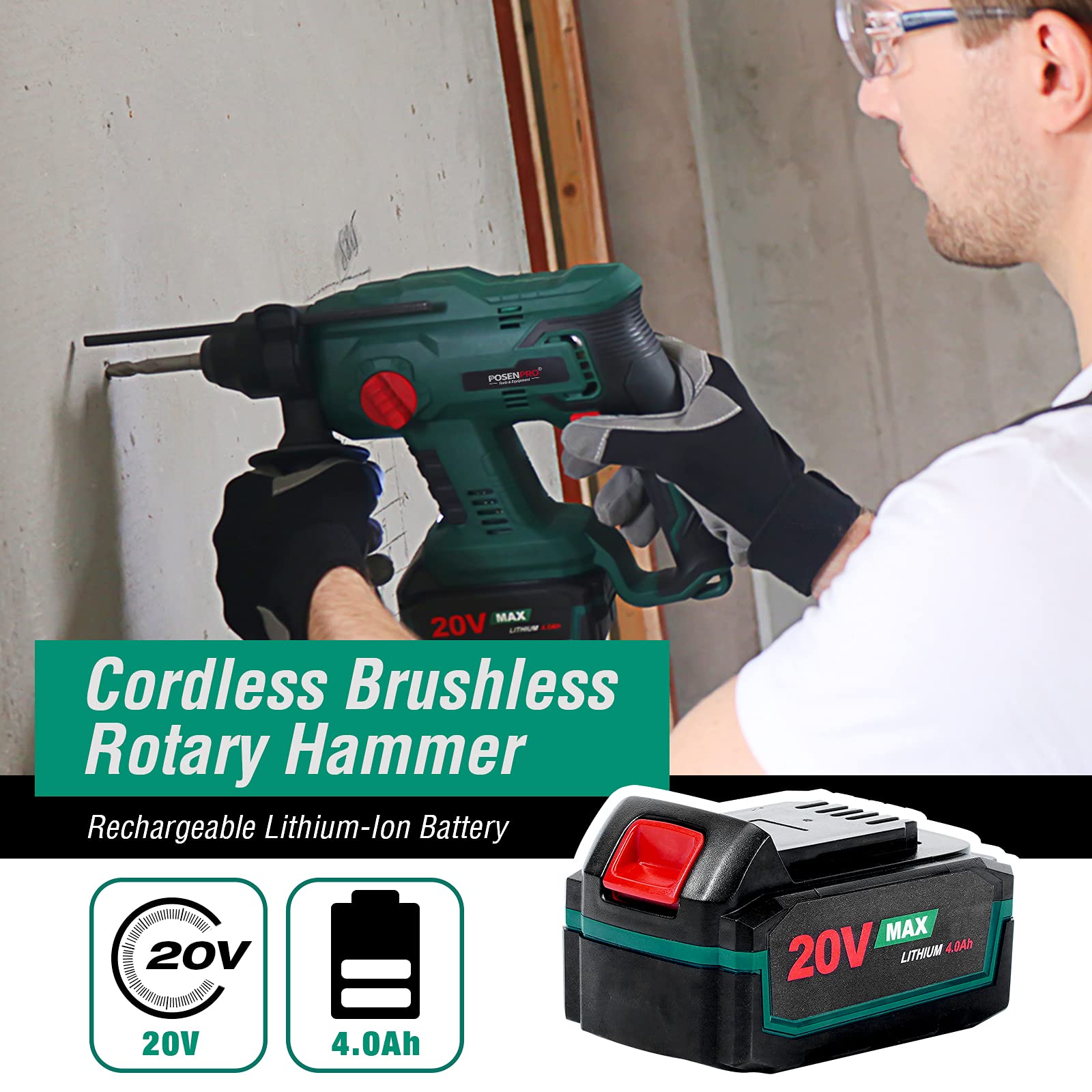 Posenpro 20V Brushless Cordless Rotary Hammer Drill with 4 Modes, Variable Speed & Adjustable Handle - Includes 4.0Ah Li-ion Battery & Fast Charger - Perfect for Concrete Drilling, Masonry Work & DIY Home Projects